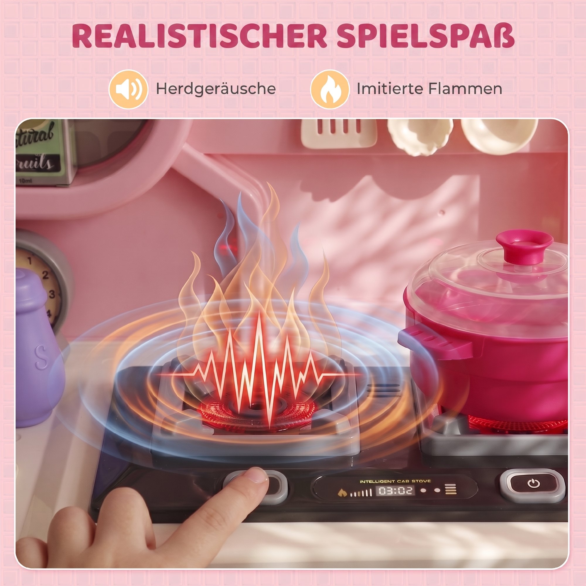 Kinderküche Kinder 33-teilig Spielküche Zubehör mit Licht, Sound, Stauraum, Spielspüle, Herd und Backofe 3-6 Jahren