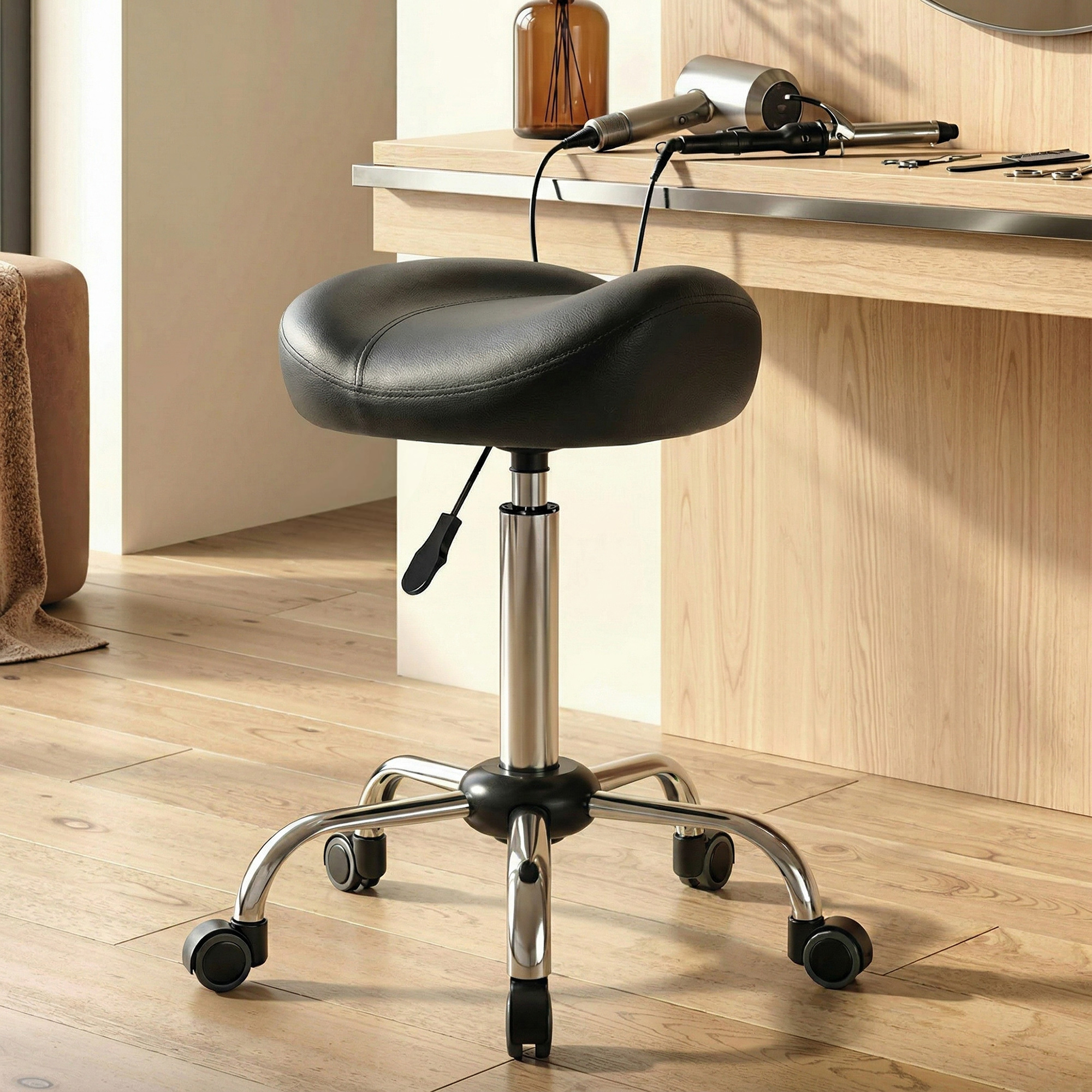 Salonhocker mit Sattelsitz, höhenverstellbar, Kunstleder, 48x48x54-69cm, Schwarz