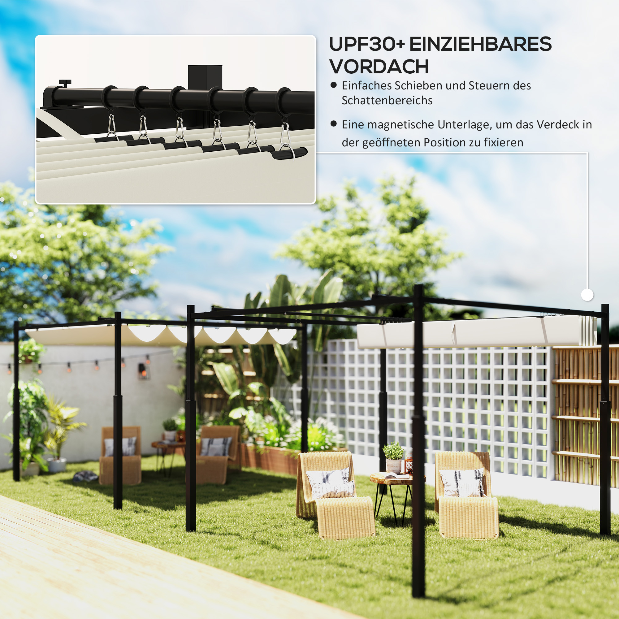 Garten-Pergola, 3 x 3 m, Ausziehbares Dach und Magnetpad, Outdoor-Baldachin, Garten-Pavillon, UPF30+, Metall, Cremeweiß