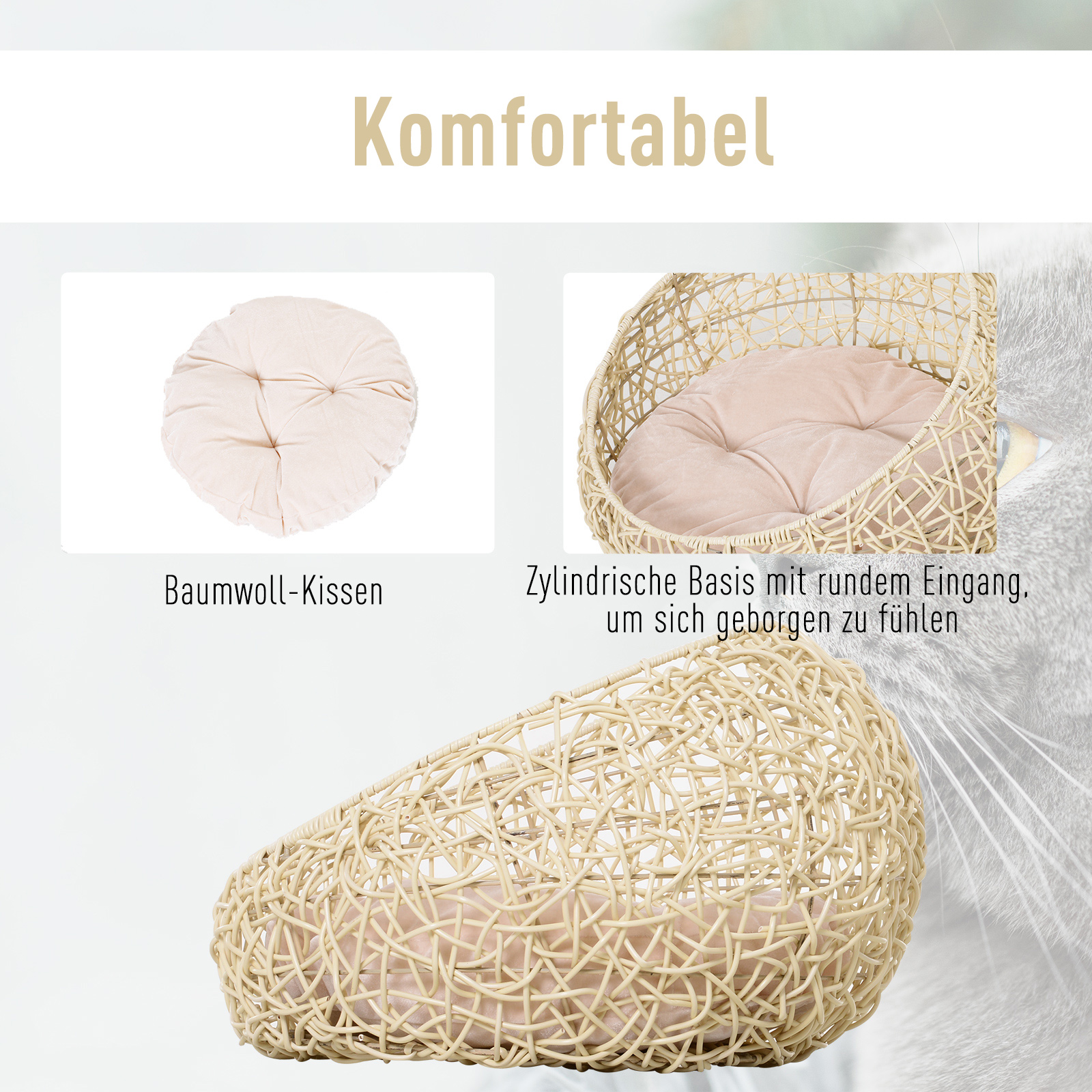 Katzenbett aus Rattan Katzenhöhle mit Kissen Katzenkorb Hundebett Katzenschlafplatz Hundehütte Tierbett für Katzen Hunde Beige Ø56 x 35 cm