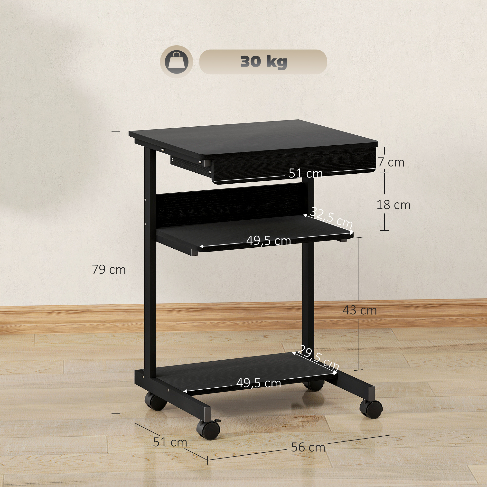 Roll-Schreibtisch mit Schublade und Regalen, 4 Räder, kompakt, Spanplatte, Metall