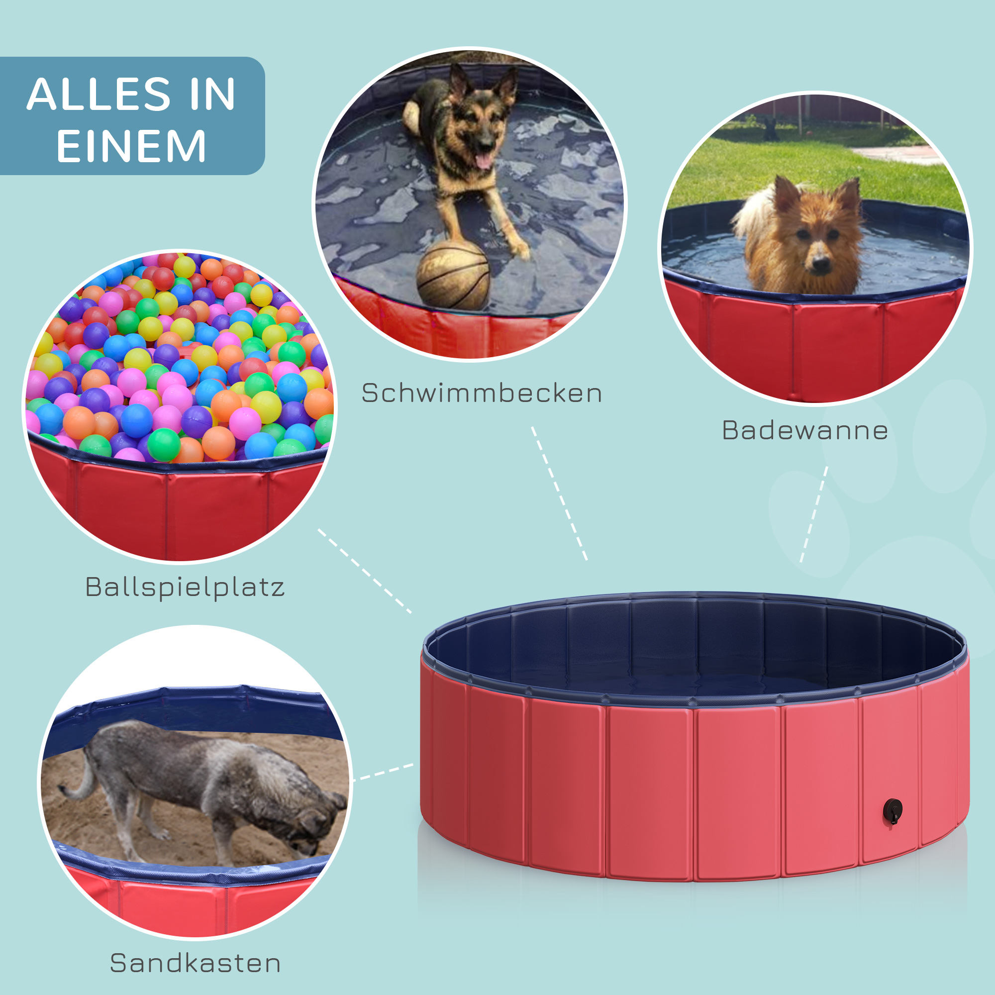 Hundebadewanne faltbar Badewanne Hundepool Plantschbecken Swimmingpool Wasserbecken für Hunde und Katzen Schwimmbecken Kunststoff+Holz Rot Ø100 x H30 cm