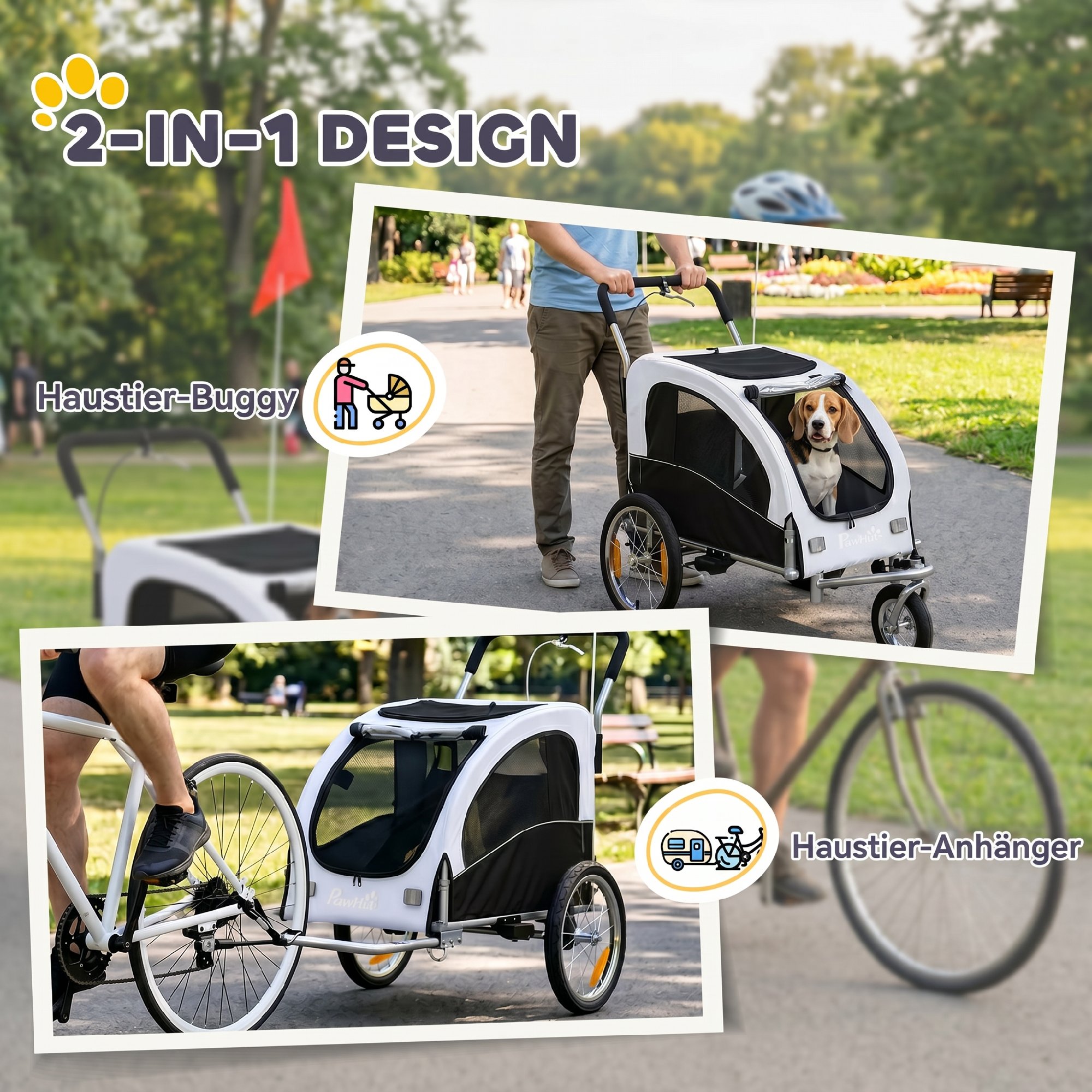 2-in-1 Hundeanhänger für Fahrrad Faltbarer Hundebuggy für kleine & mittelgroße Hunde bis 20 kg, Weiß
