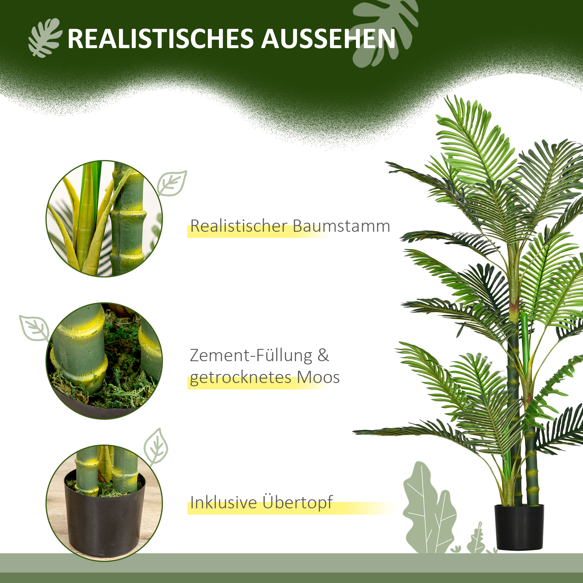 Kunstpflanze, künstliche Palme, inkl. Übertopf; 19,5 cm x 19,5 cm x 150 cm, Grün + Schwarz