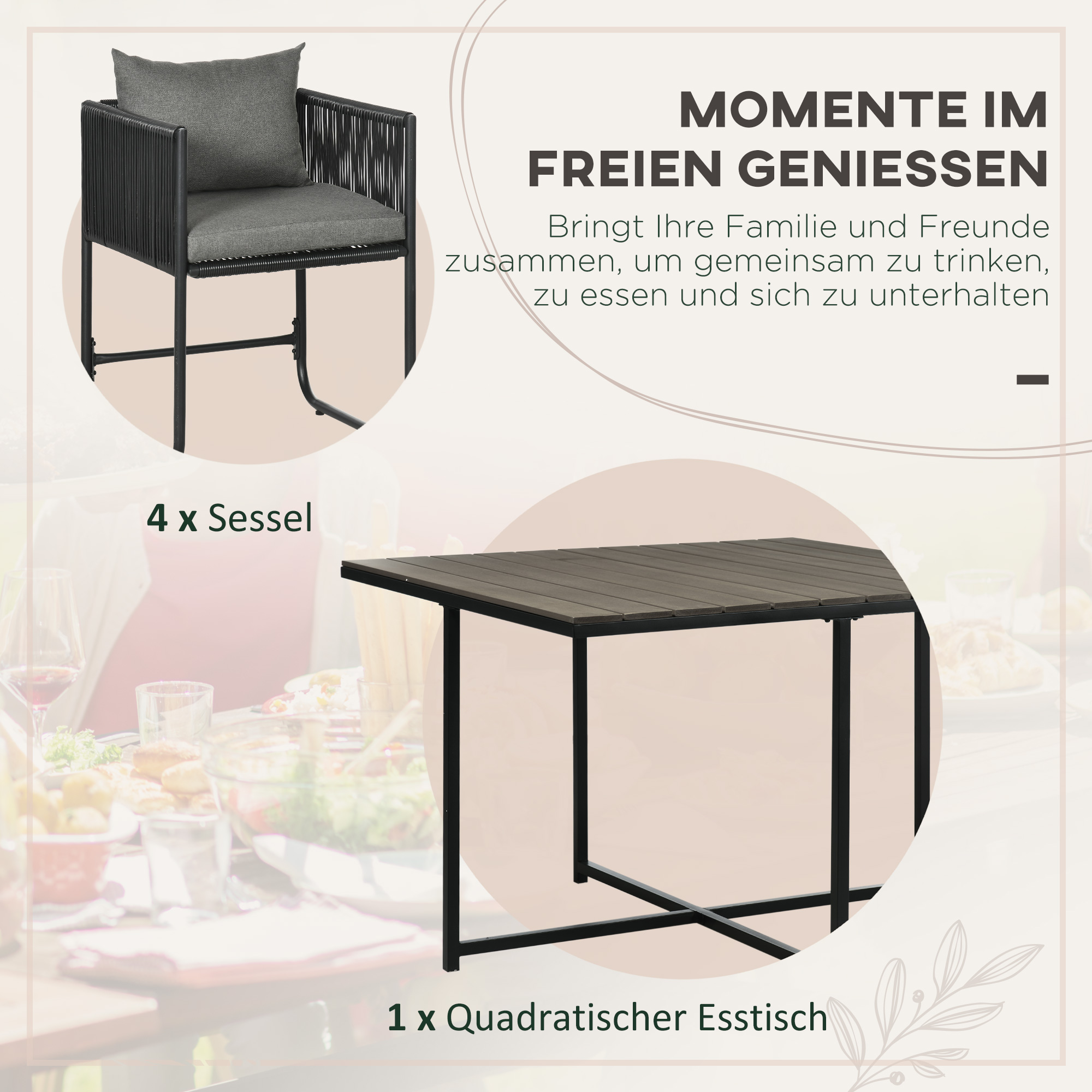 Outdoor Essgruppe, Gartengarnitur, 5-teilig, Polyrattan, Sitzkissen, wetterfest, Schwarz/Grau