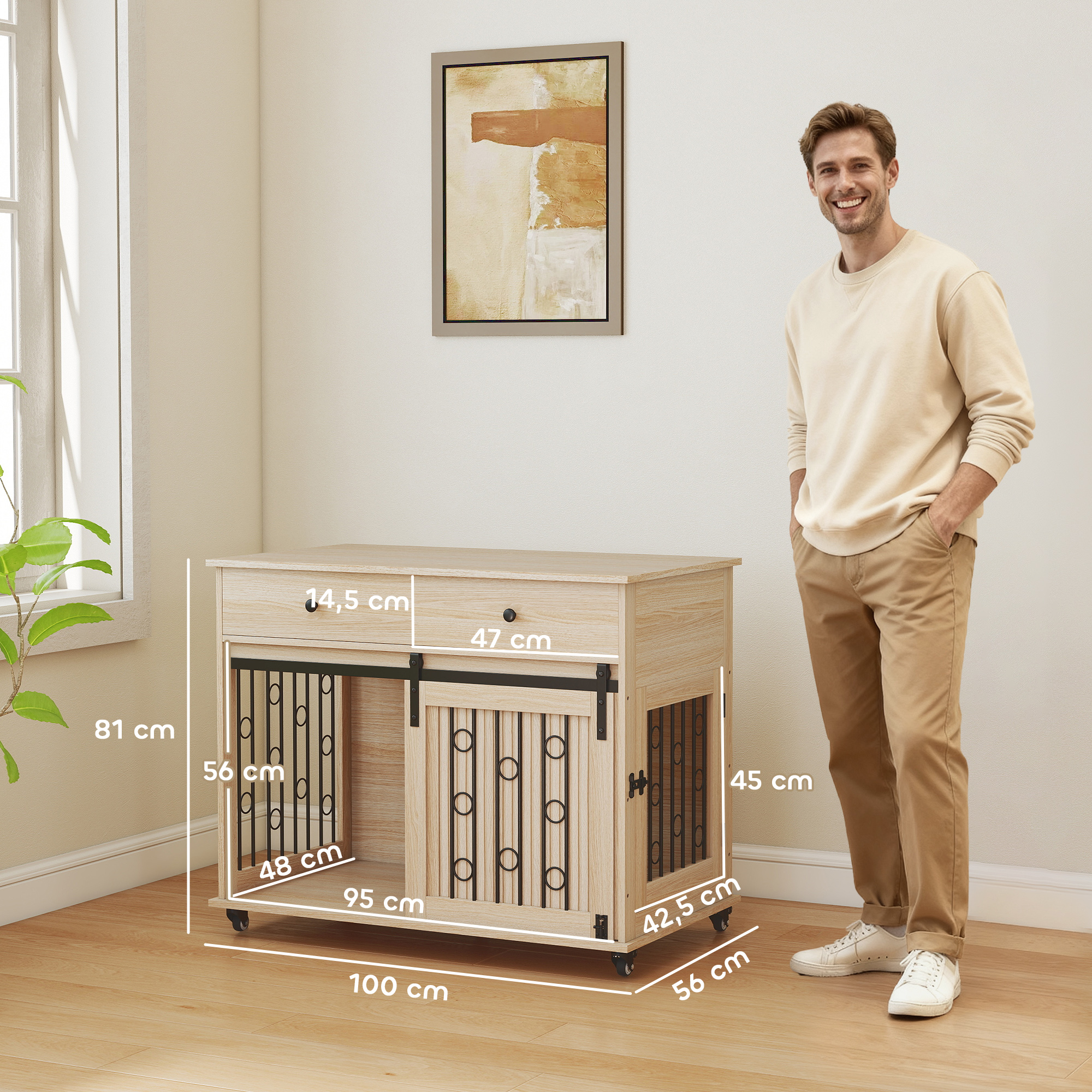 Hundebox auf Rädern, 2 Türen, 2 Schubladen, für mittlere und große Hunde, Holz, Stahl