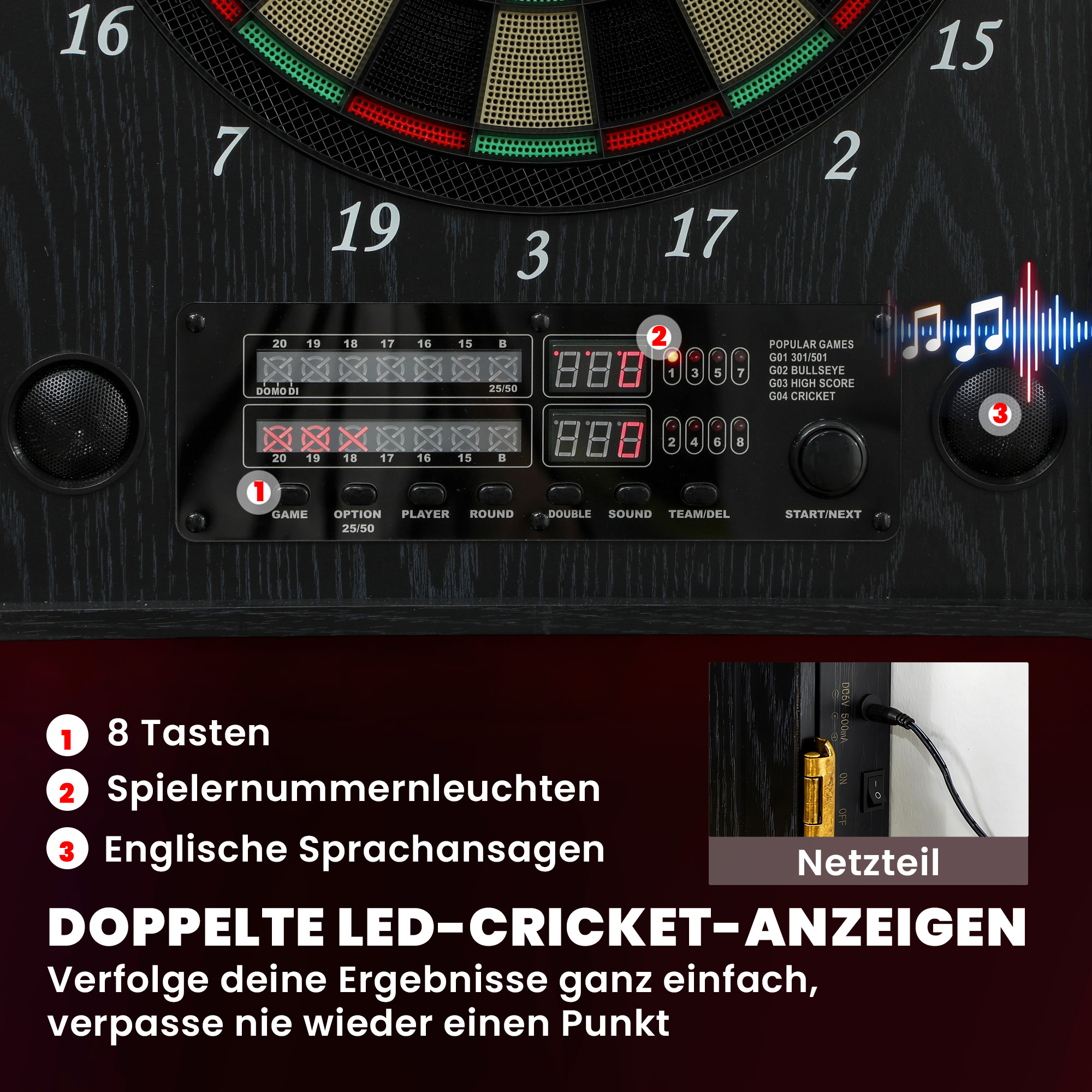 elektronische Dartscheibe, E-Dartboard mit Türen, Holzoptik, LED-Anzeige, Sprachansagen, 6 Dartpfeile, 24 Ersatzspitzen