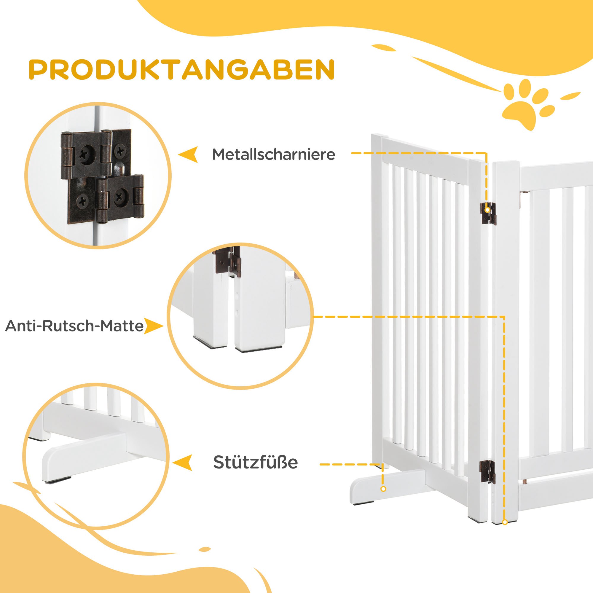 Absperrgitter Hund Freistehendes Verstellbares Schutzgitter mit Füßen 155 x 76 cm Holz Hundegitter Klappbar Treppenschutzgitter für Treppen, Türen, Küche, Flur, 3 Paneelen, Weiß