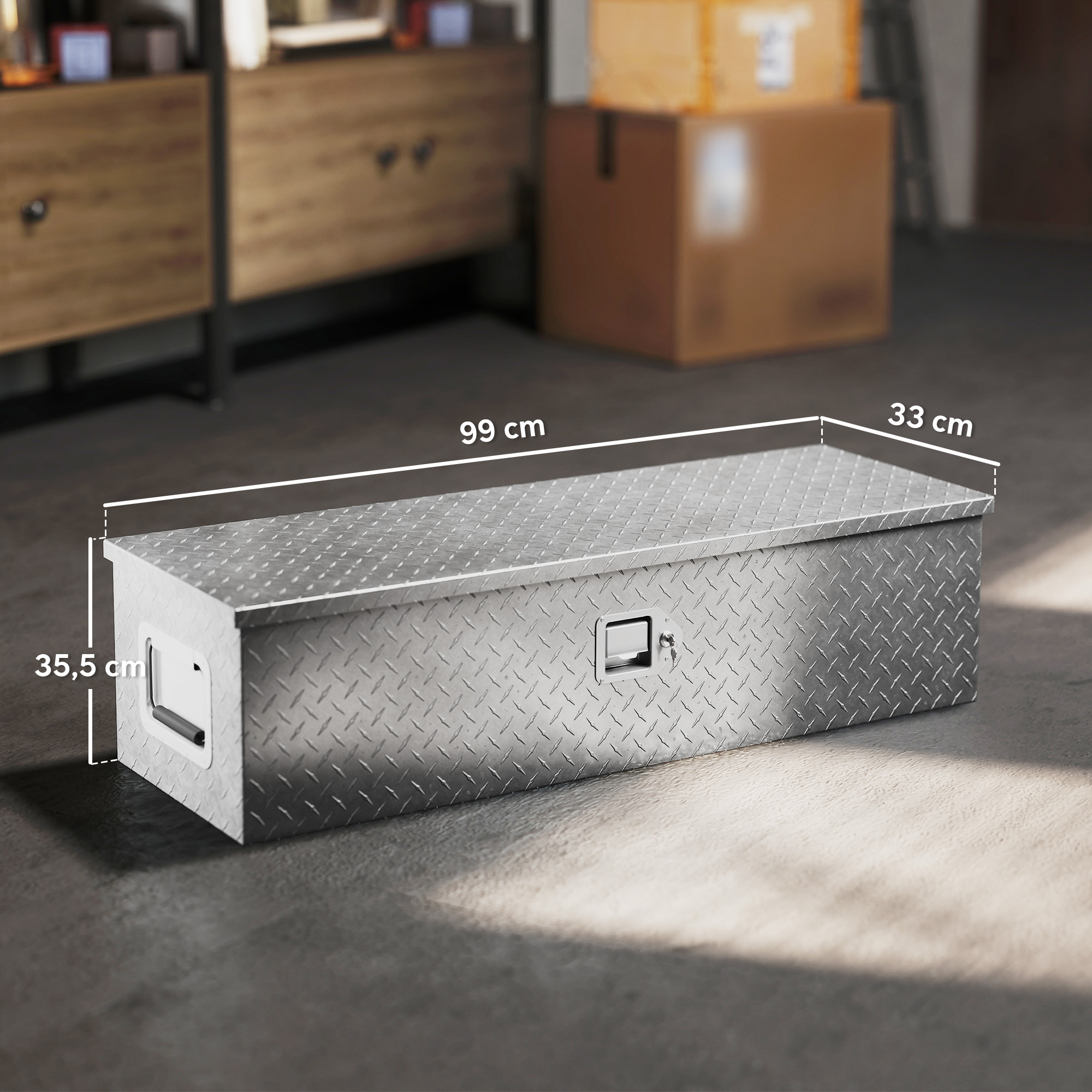 Stabile Aufbewahrungskiste aus Aluminium mit Seitengriffen, Schloss und Schlüsseln, Werkzeugkasten, 99 x 33 x 25,5 cm