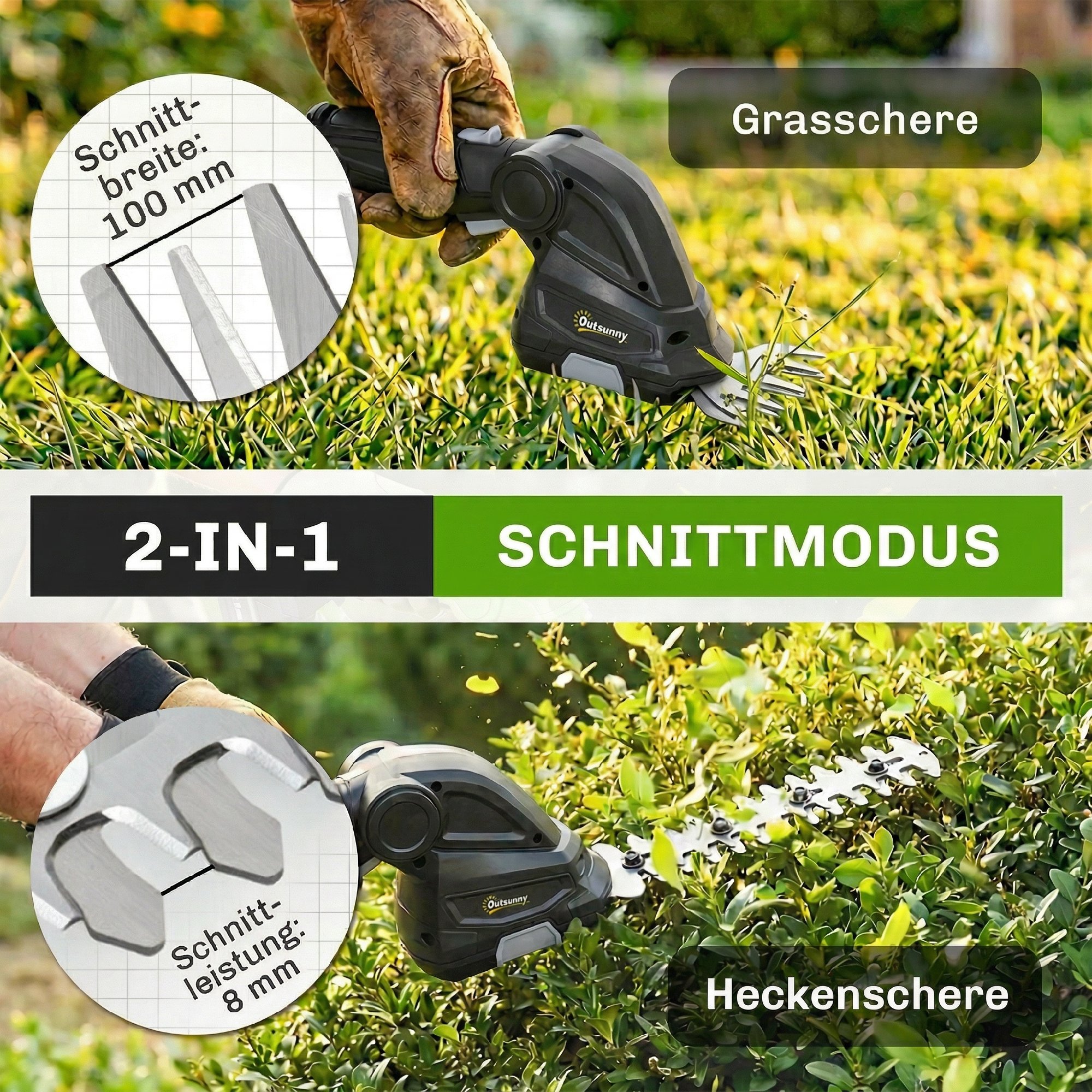 2-in-1 Elektrischer Hecken & Strauchschere mit 2 x 7,2V Wiederaufladbaren 2,0 Ah Akku, 2 Austauschbaren Klingen Schwarz