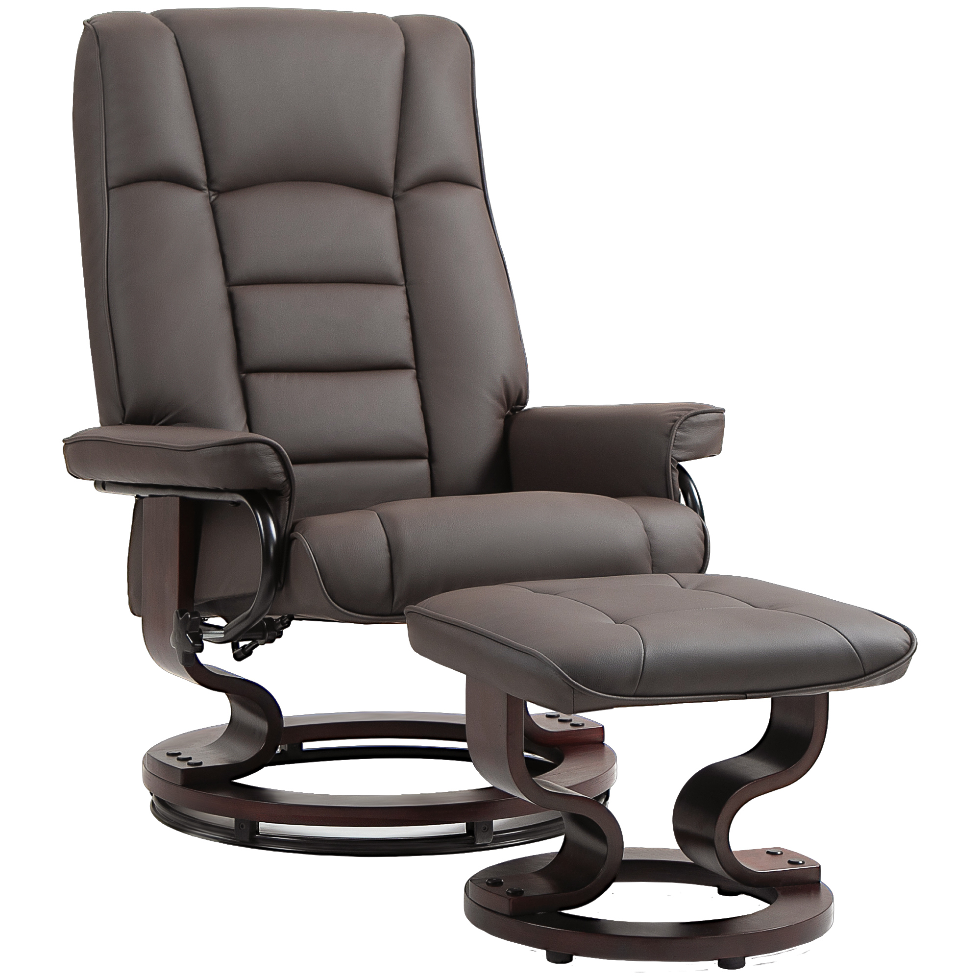 Relaxsessel mit Hocker, drehbar & neigbar, Kunstlederbezug, bis 150 kg, Holzgestell, Braun