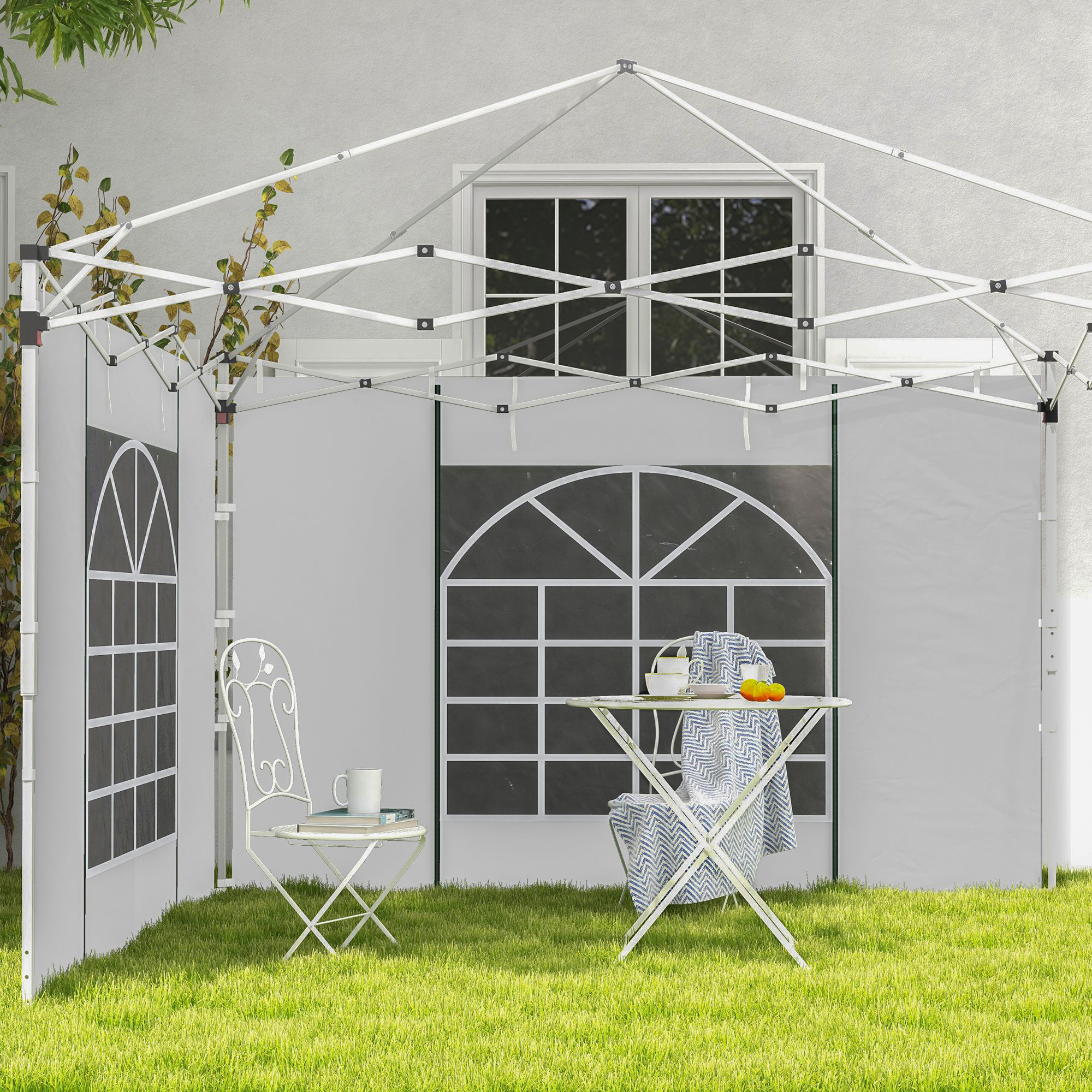 Pavillon-Vorhänge, 2er-Set, für 3x6m oder 3x3m Gartenpavillons, mit Fenstern und Türen, Weiß