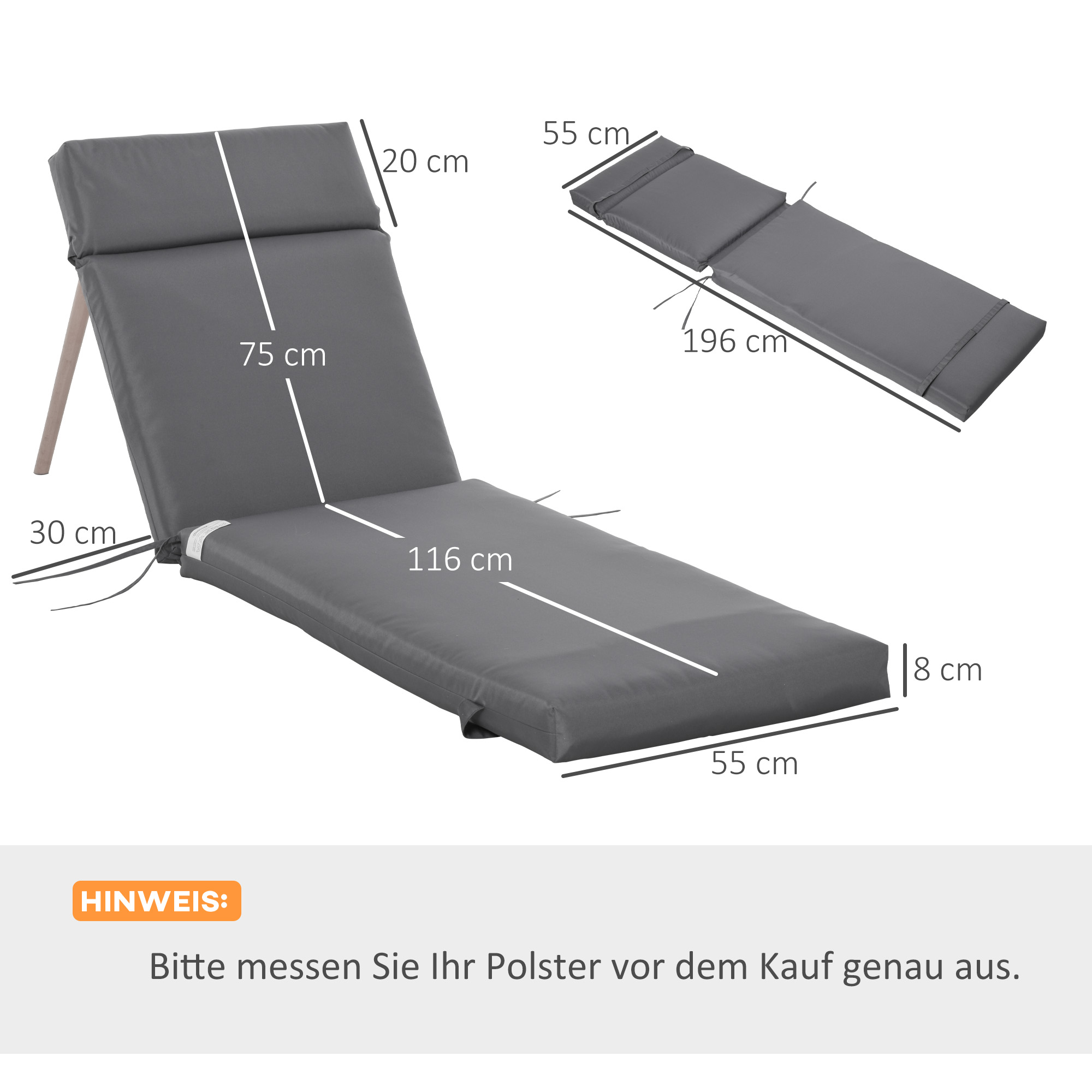 2er Set Auflage für Sonnenliege, Liegenauflage für Gartenliege extra dick 8cm Polsterauflage Dunkelgrau NUR Kissen