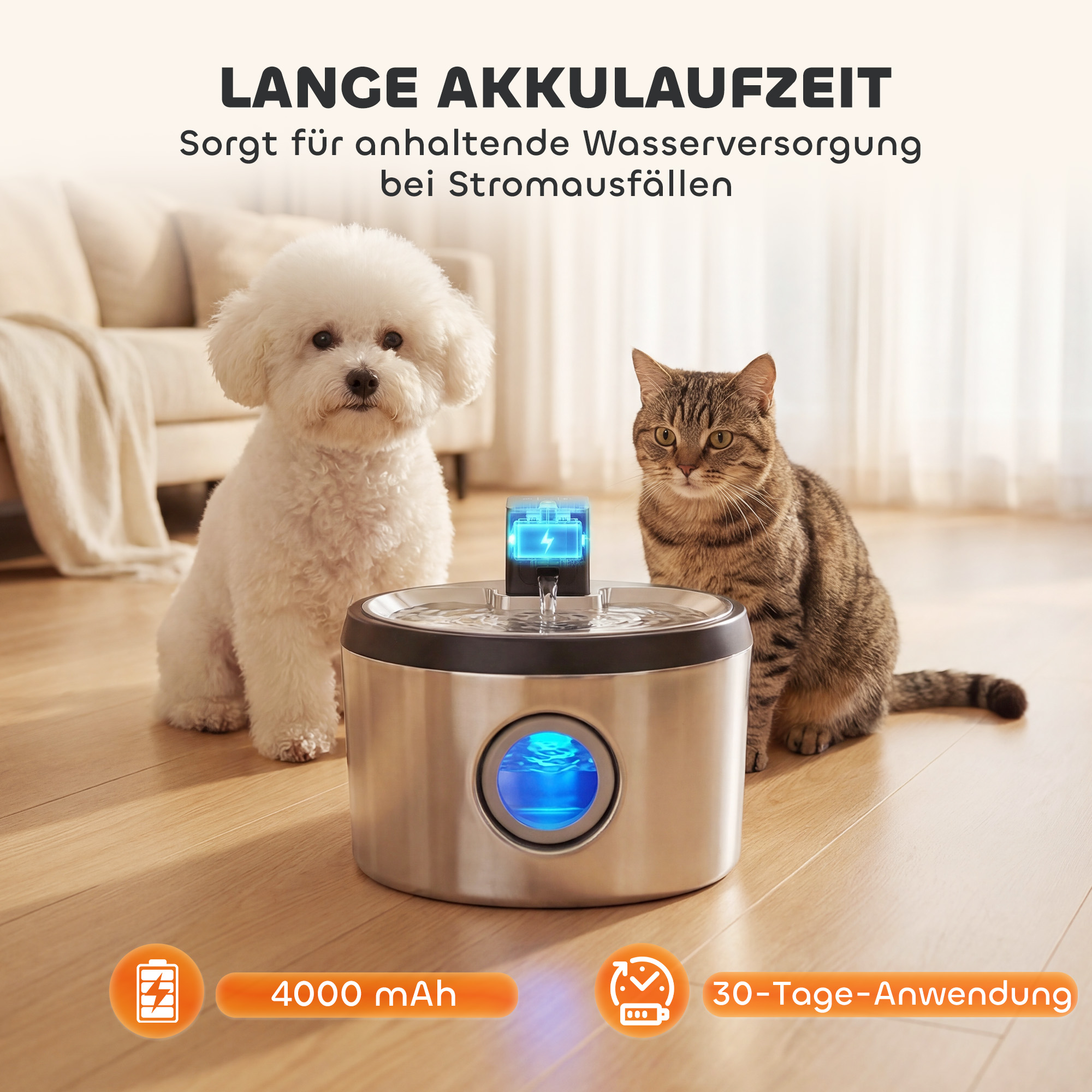 Katzenbrunnen 4l, kabellos, Edelstahl, Trinkbrunnen mit Bewegungsmelder 6 Filtern zweifaches Filtersystem LED Silber