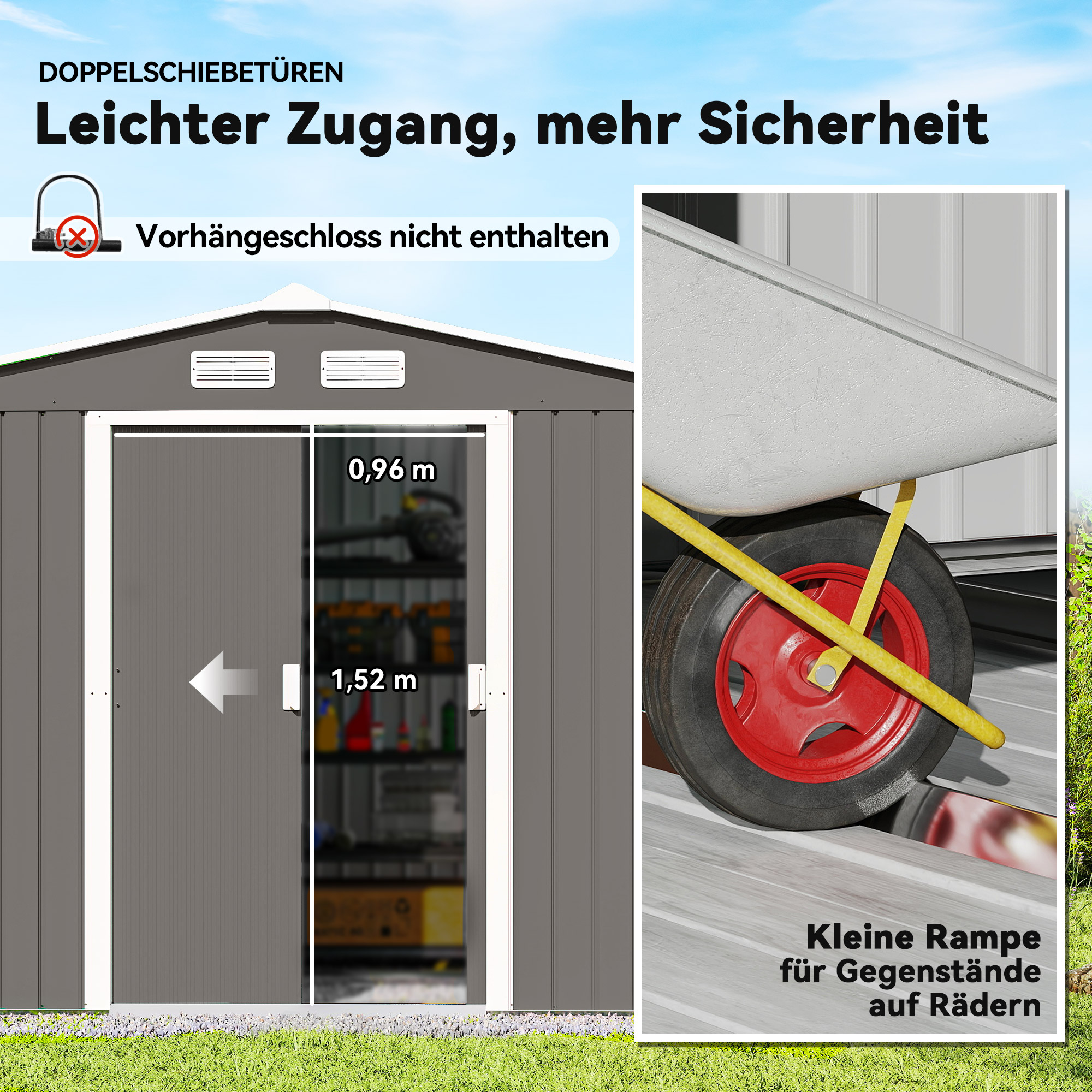 Geräteschuppen mit Schiebetüren 2,77 x 1,95 x 1,92cm Metall Grau
