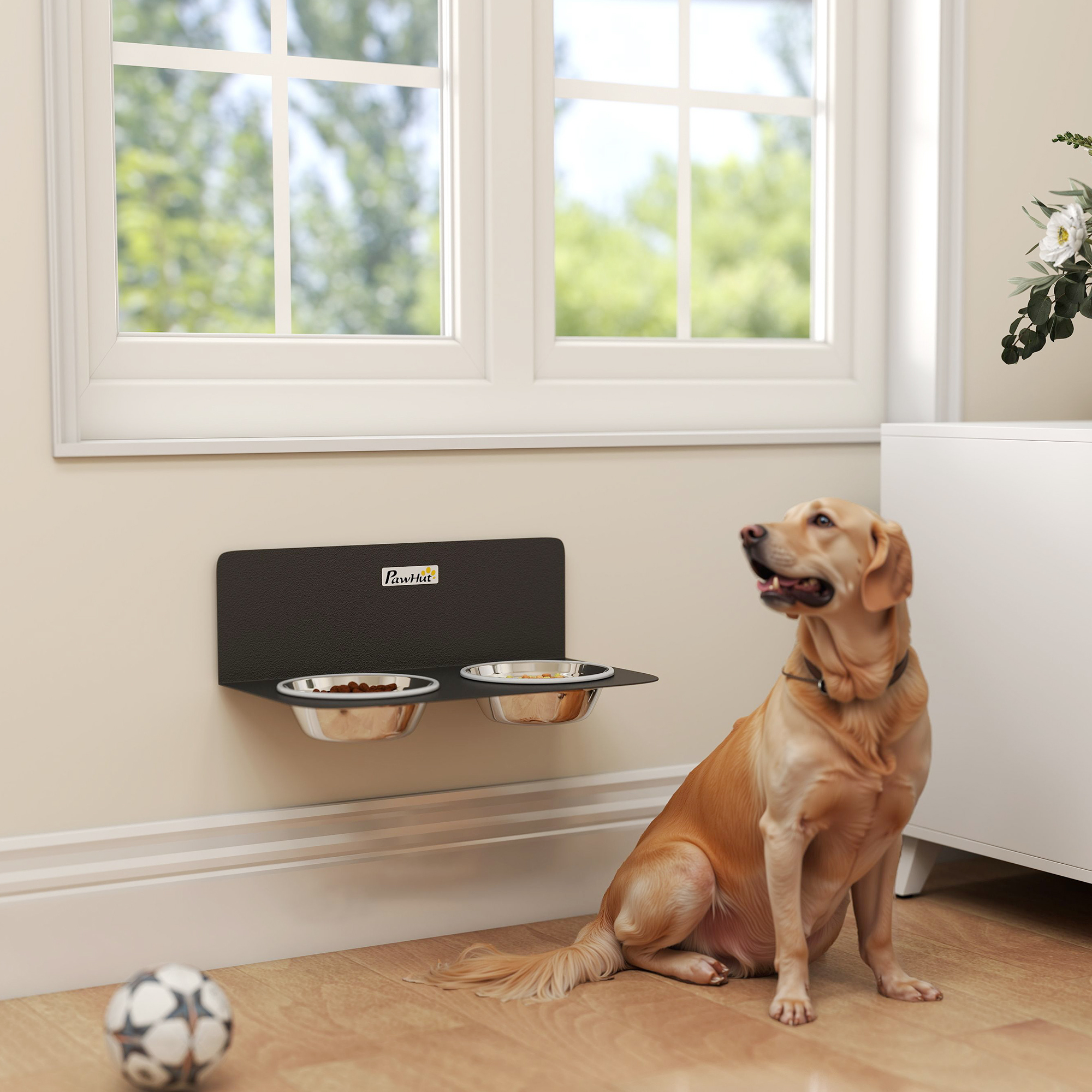 Hundenapf höhenverstellbar Wand Futternapf mit 2 x 800ml Edelstahlnäpfen 42 x 23,5 x 14 cm Schwarz