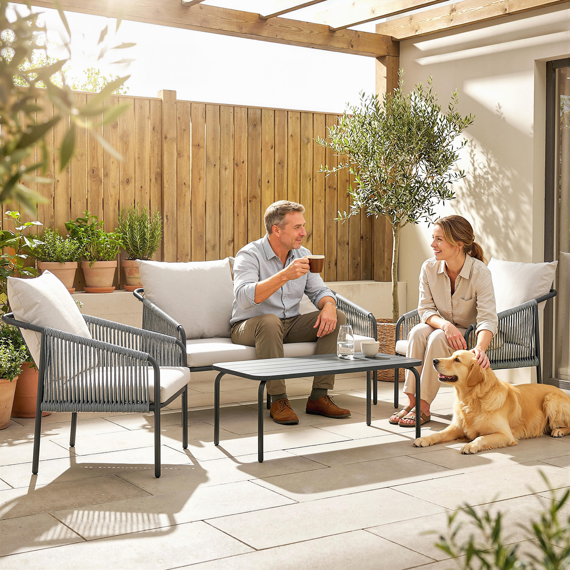 Gartenmöbel Set 4-teilig Polyrattan Lounge-Set mit Zweisitzer 2 Sessel Couchtisch abnehmbar Kissen Bindebändern