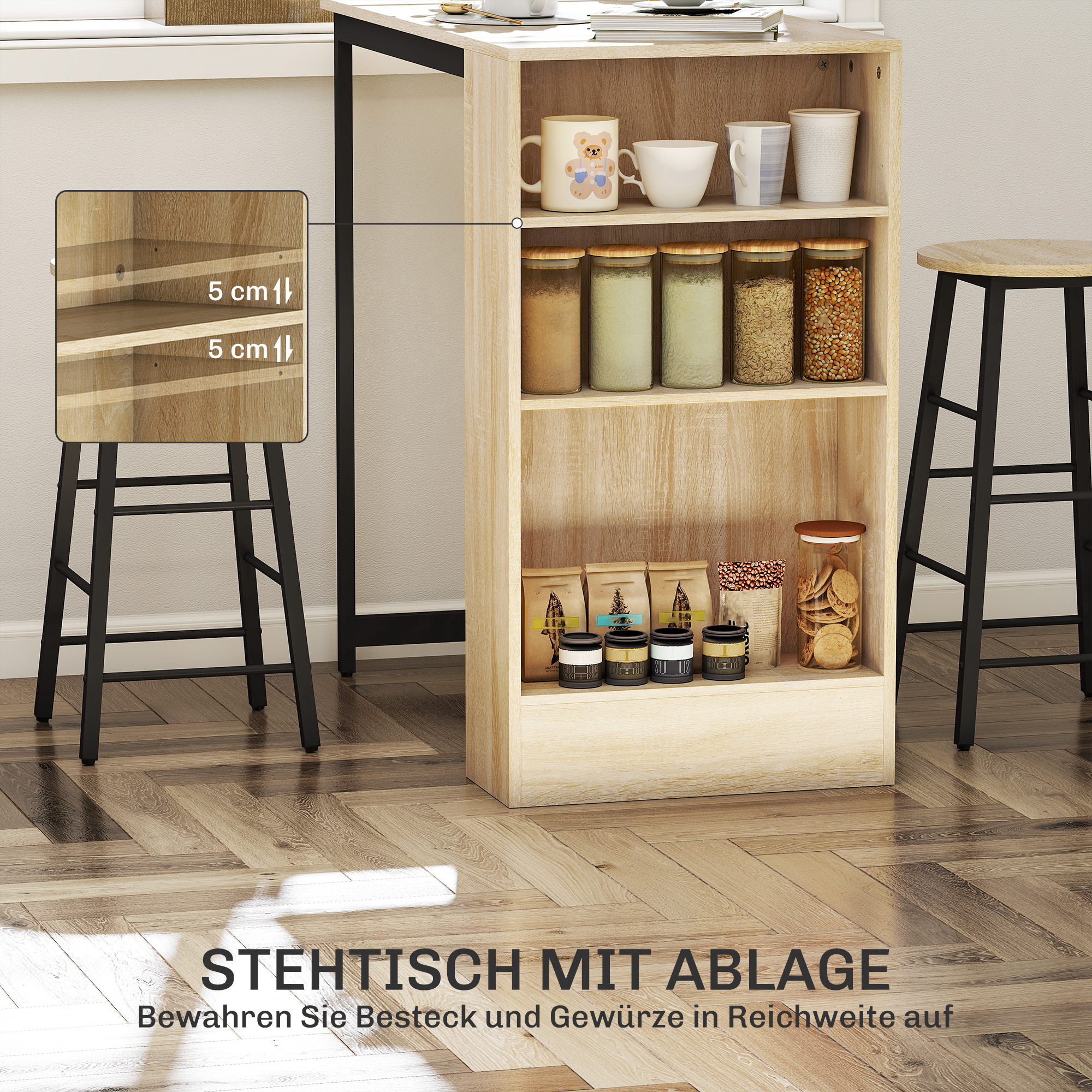 3-teiliges Bartisch-Set, 1 Tresen, 2 Stühle, mit Stauraum und Fußstützen, platzsparend, Hellbraun+Schwarz