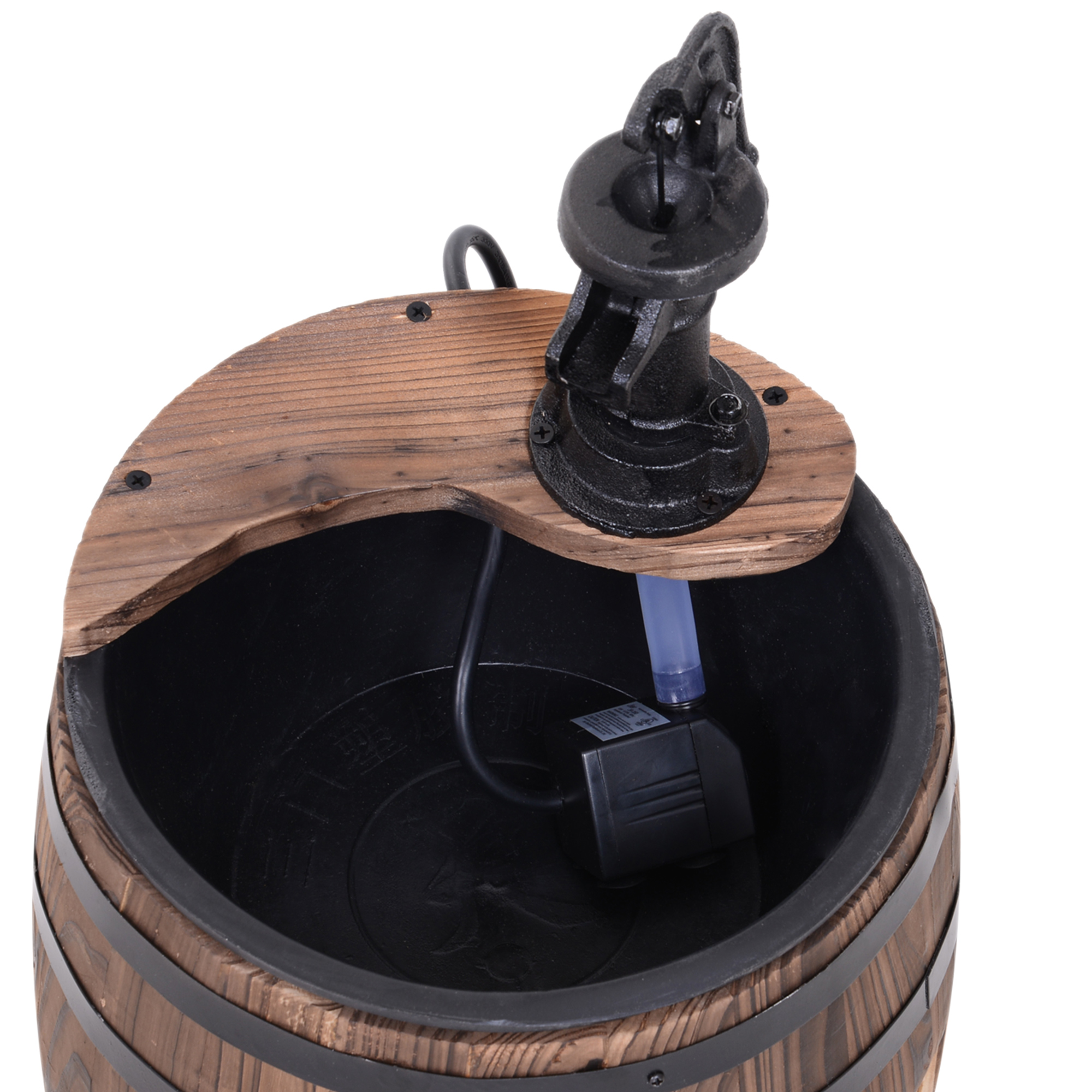 Gartenbrunnen Zierbrunnen Springbrunnen Fassbrunnen Wasserfall Holzfass mit Pflanzgefäß Tannenholz Dunkelbraun Ø27 x 59 cm