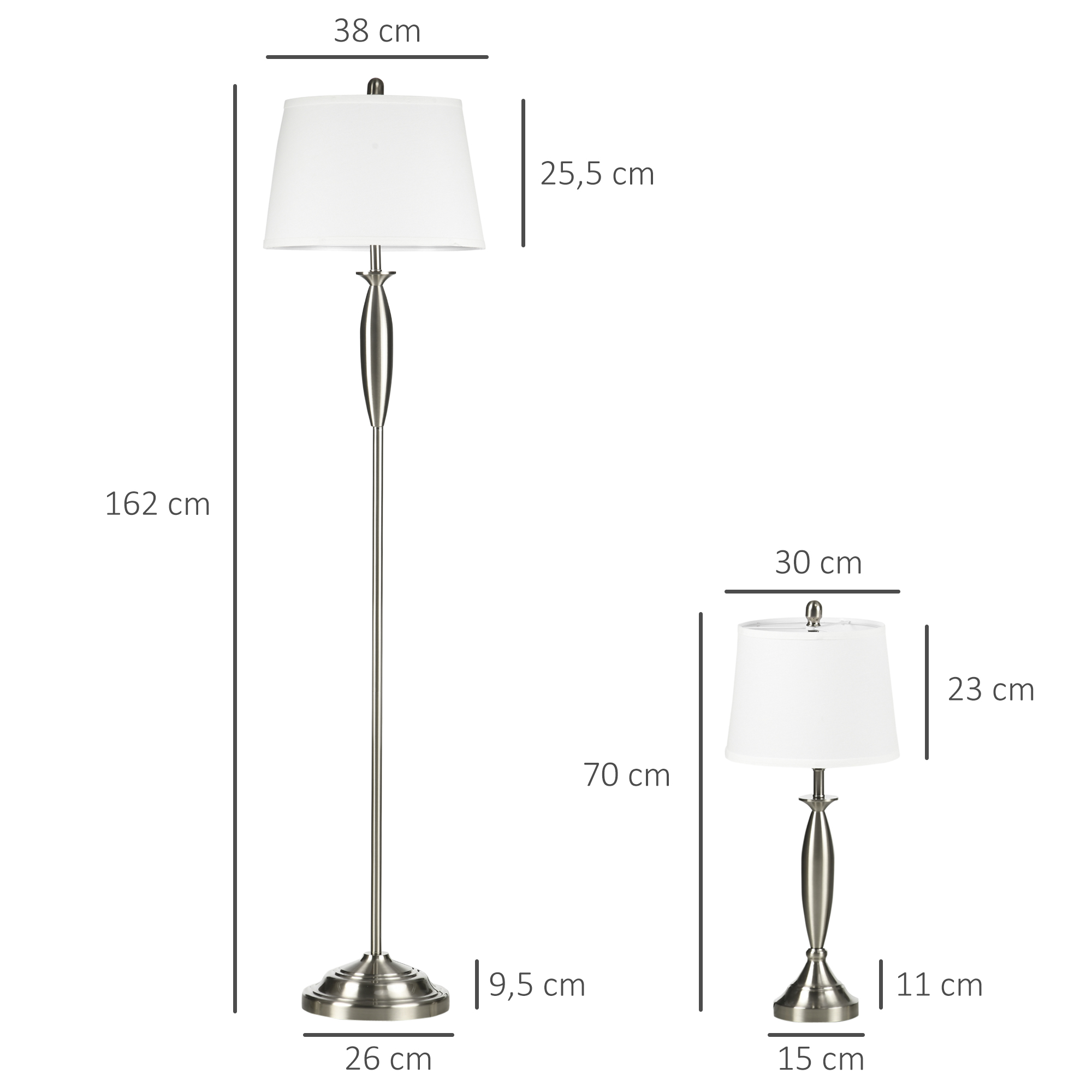 3-teiliges Leuchten-Set, 1 Stehleuchte, 2 Tischleuchten, Leinenoptik; 38 cm x 38 cm x 158 cm, Silber + Weiß