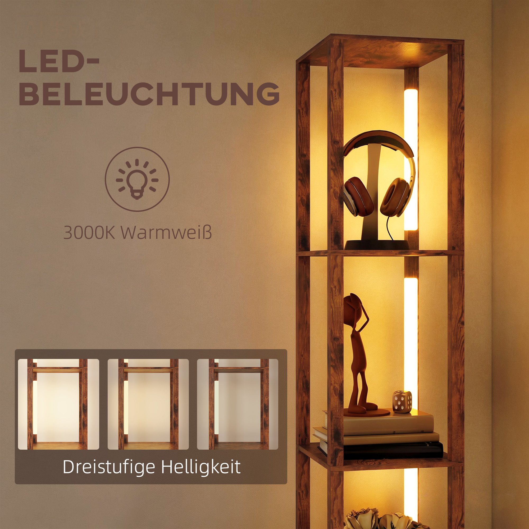 LED-Stehlampe mit Regalen, einstellbare Helligkeit, Fußschalter für Schlafzimmer, Rustikales Braun