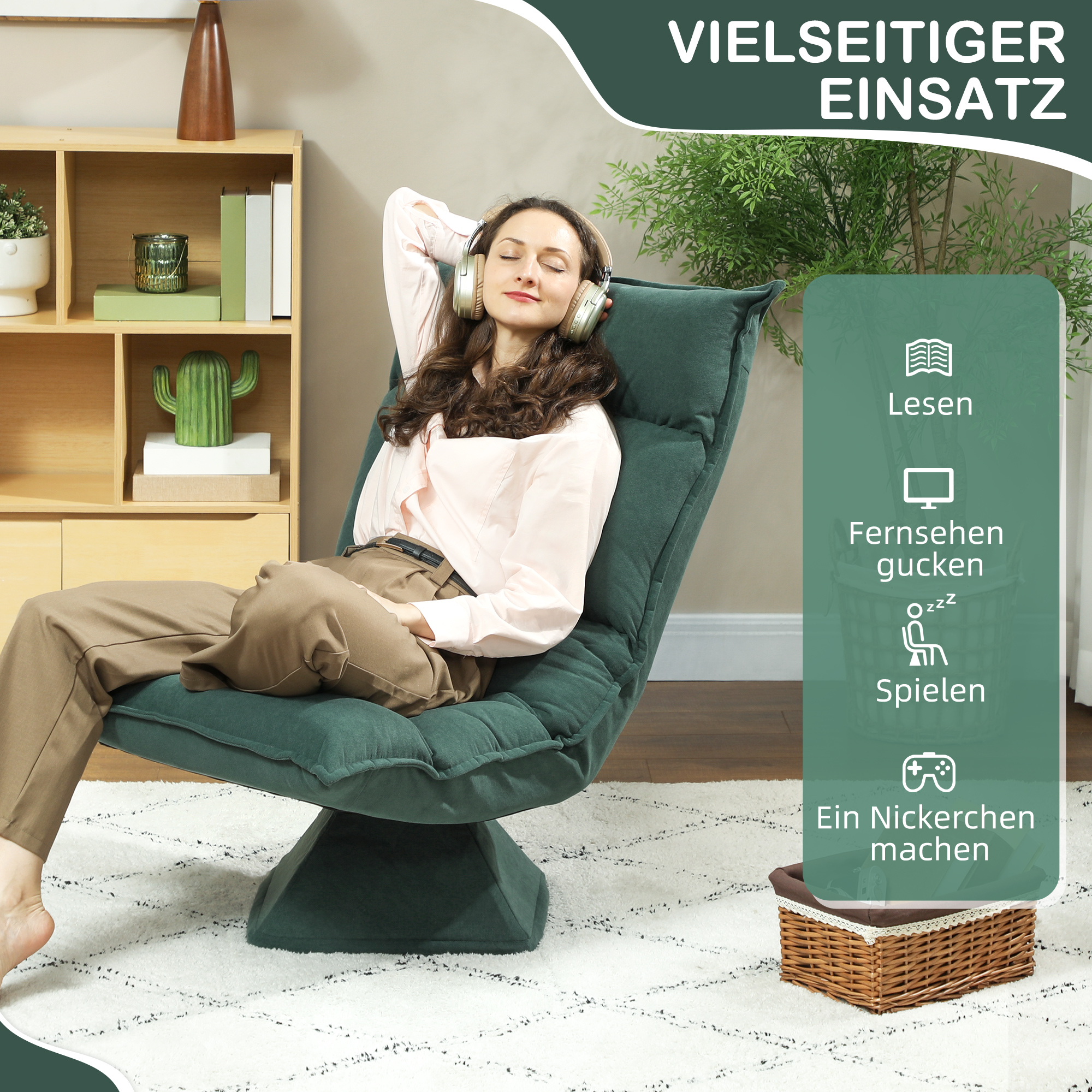 Bodensessel mit 5-fach verstellbarer Rückenlehne, drehbar, moderner Polsterstuhl, Grün