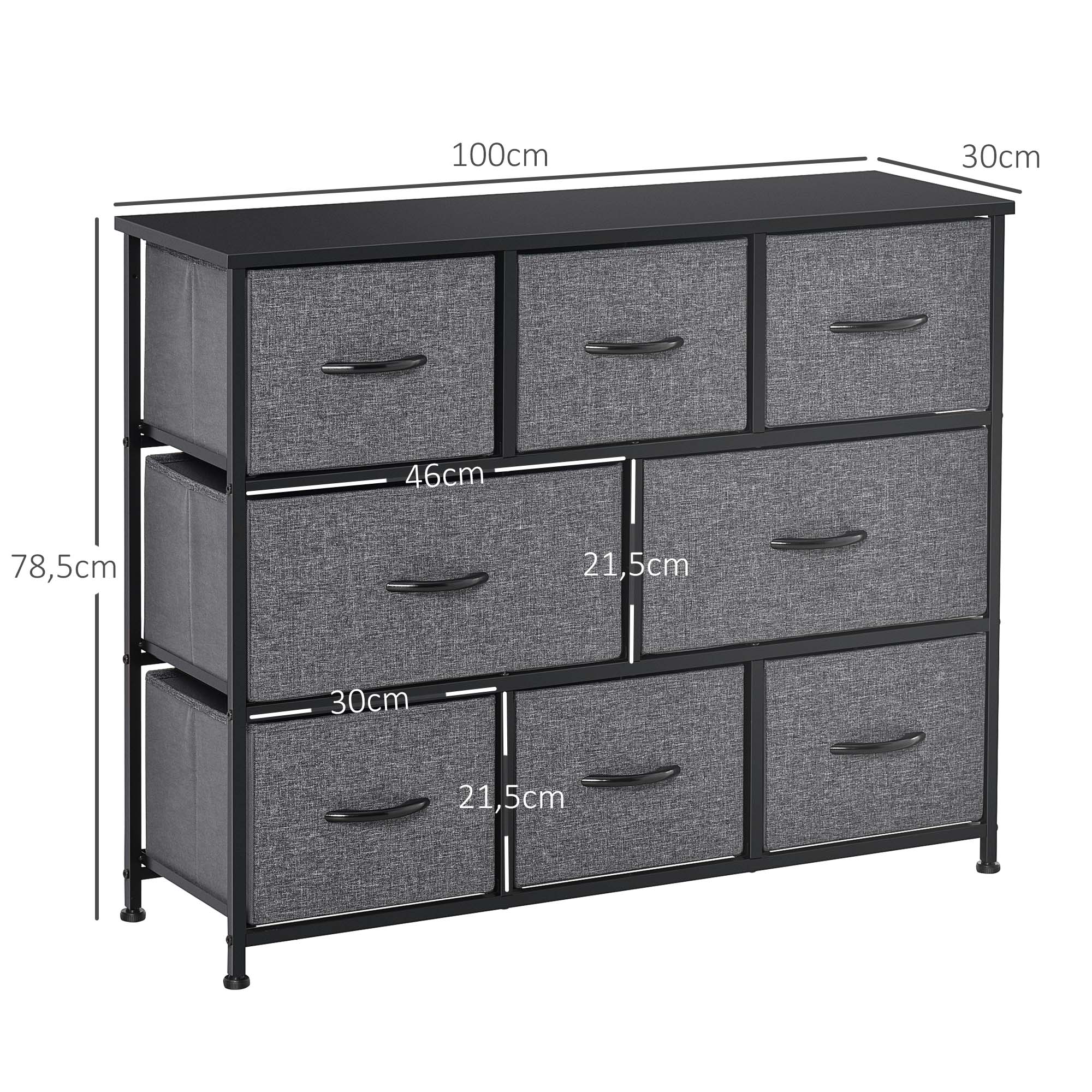 Kommode mit 8 Stoffschubladen, 2 große, 6 kleine, Metallrahmen, Kippschutz, Grau