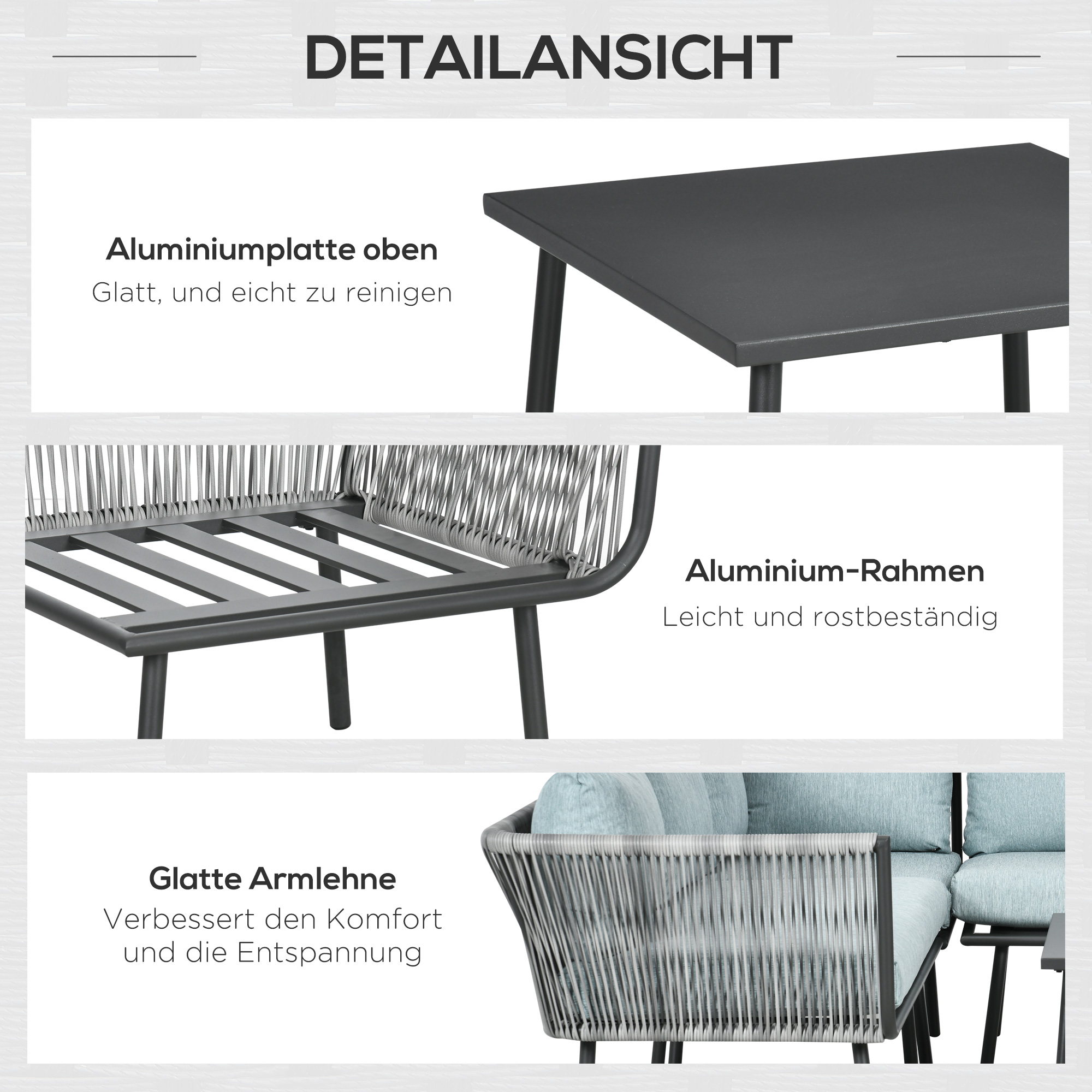 Rattan Gartenmöbel-Set für 4 Personen Sitzgarnitur mit Kissen für Balkon Alu Grau