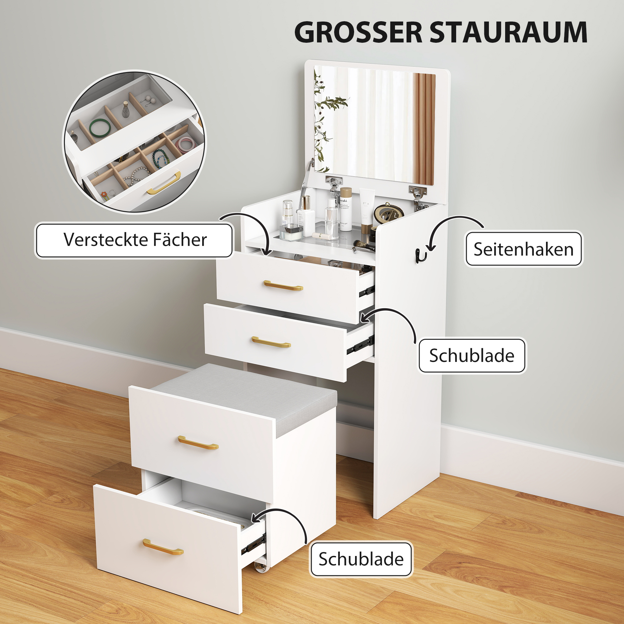 3-in-1-Schminktisch mit Spiegel, Nachttisch, Rollhocker, Schubladen, Weiß