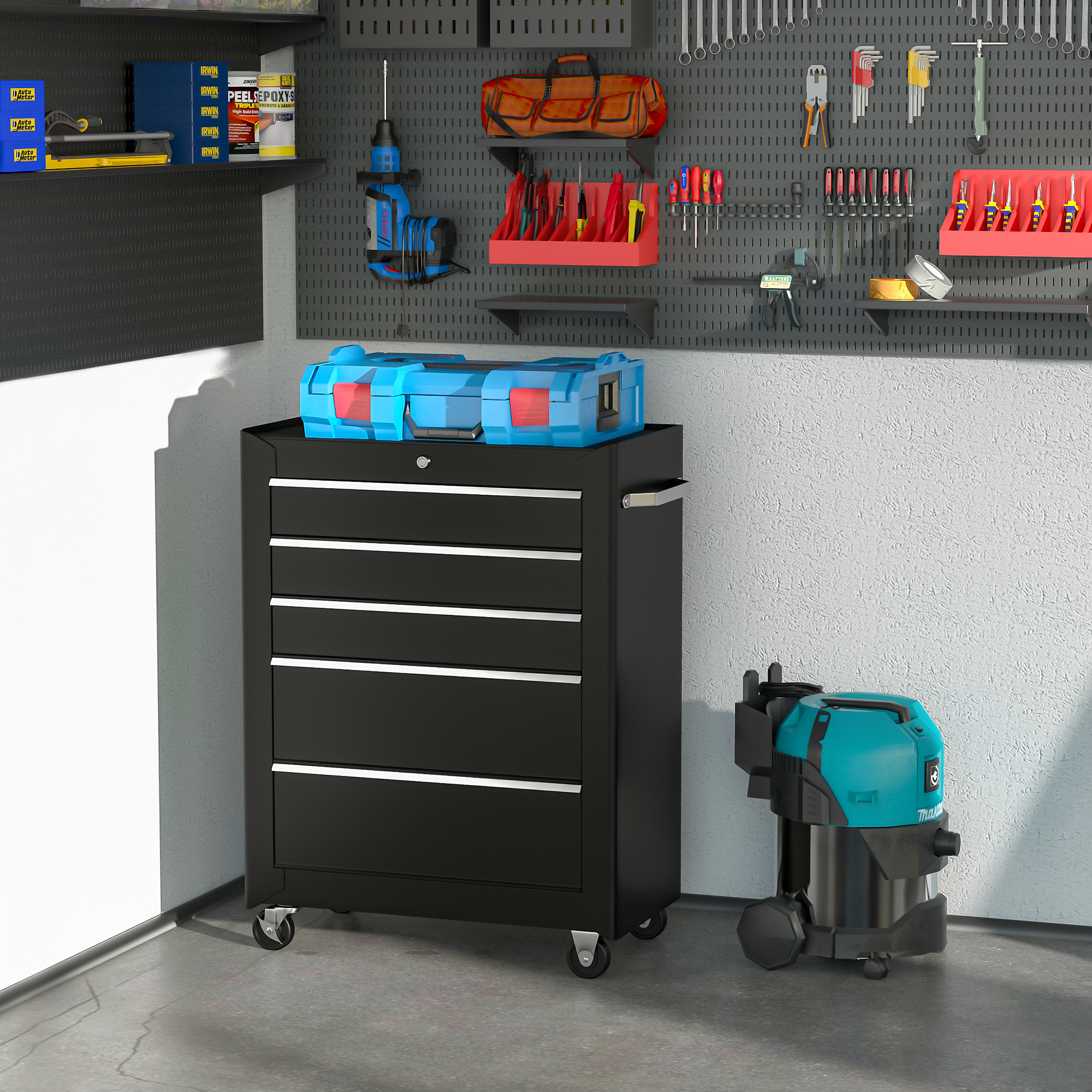 Werkzeugschrank, Werkzeugkiste, 5 Schubladen, rollbar, Stahl, Schwarz