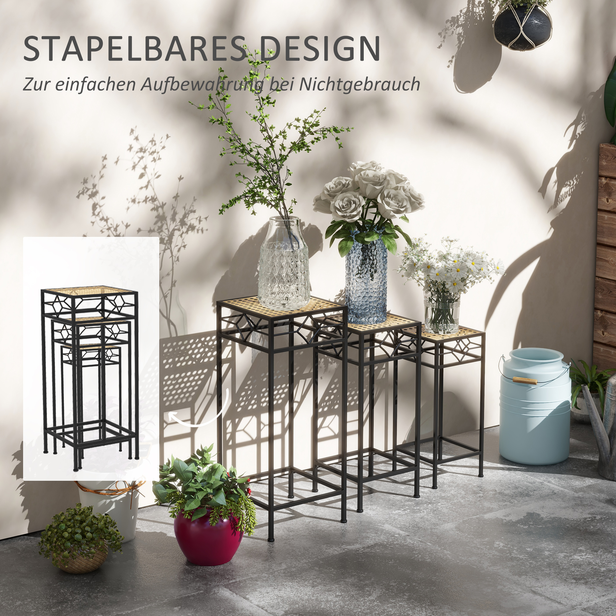 Blumenständer, 3er-Set, rund, stapelbar, Rattanoptik, Metallbeine, In- und Outdoor, Schwarz/Gold