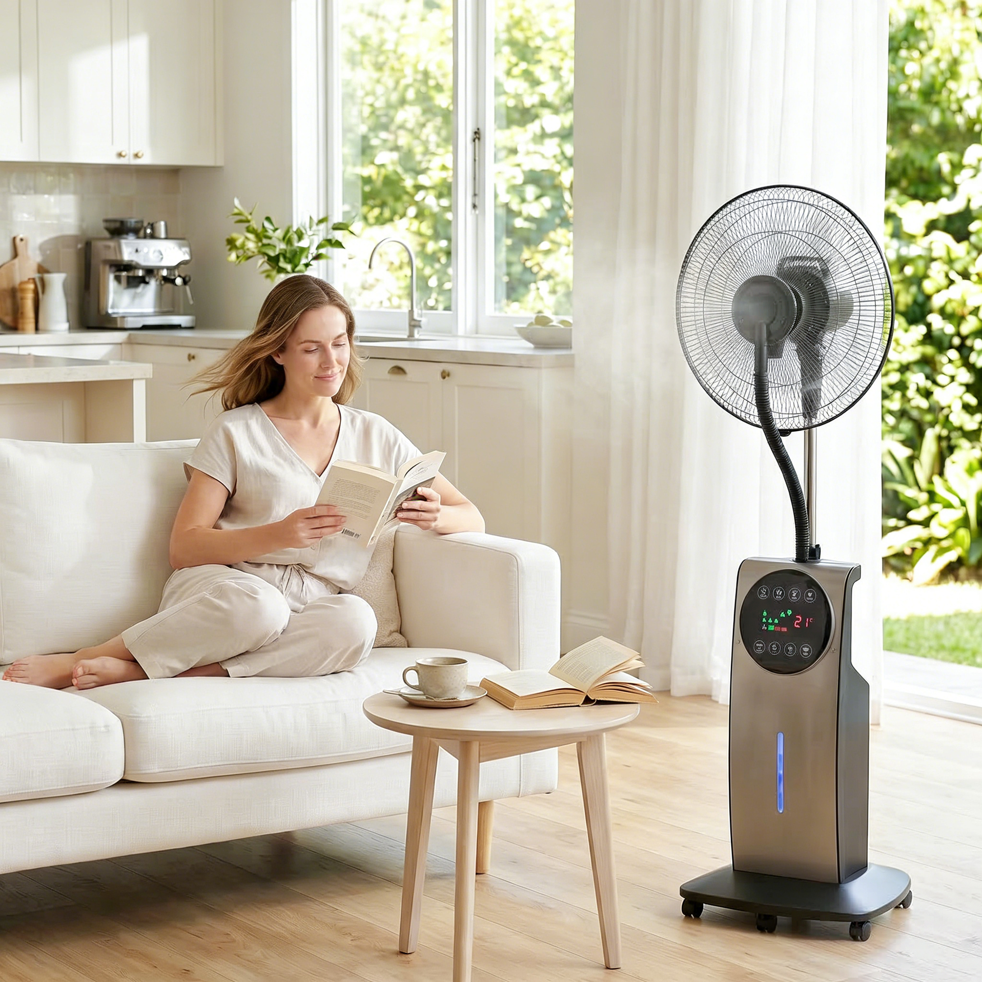 Sprühnebelventilator mit Fernbedienung, Standventilator mit Wassernebel, 70° Oszillation, 3 Geschwindigkeiten, 3 Modi, 3,1L Wassertank