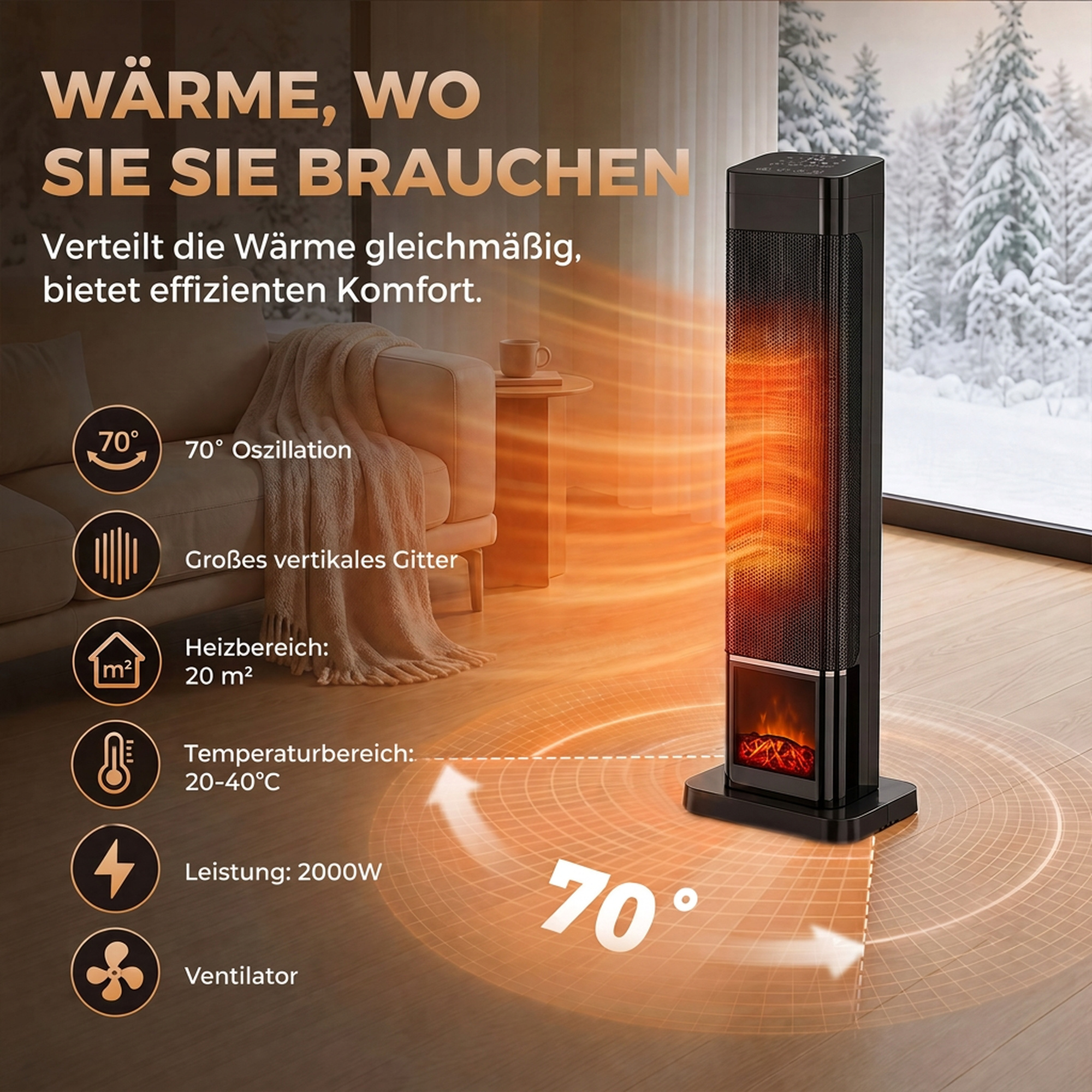 Heizlüfter 2000W Keramik Flammeneffekt Thermostat Elektroheizung Fernbedienung Schwarz