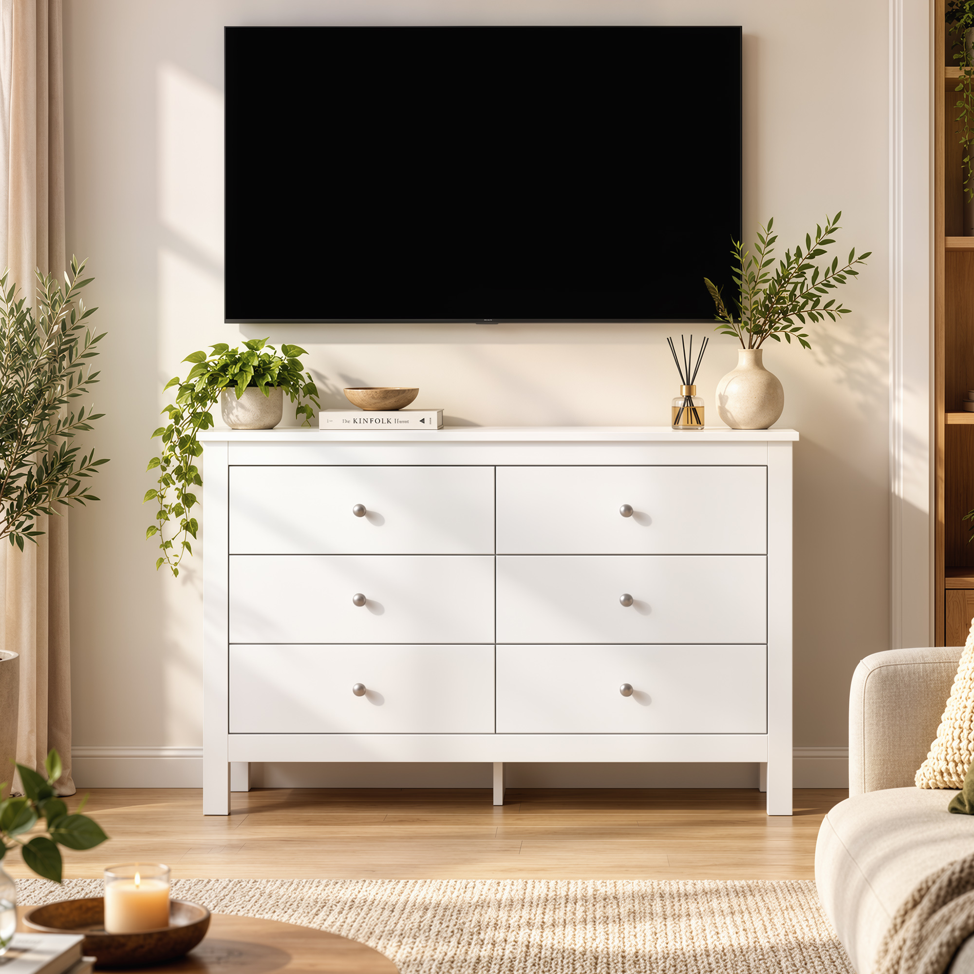Kommode mit 6 Schubladen, Sideboard mit leichtgängigen Laufschienen für Schlafzimmer, Wohnzimmer oder Flur, 118 x 39,5 x 75,5 cm, Weiß