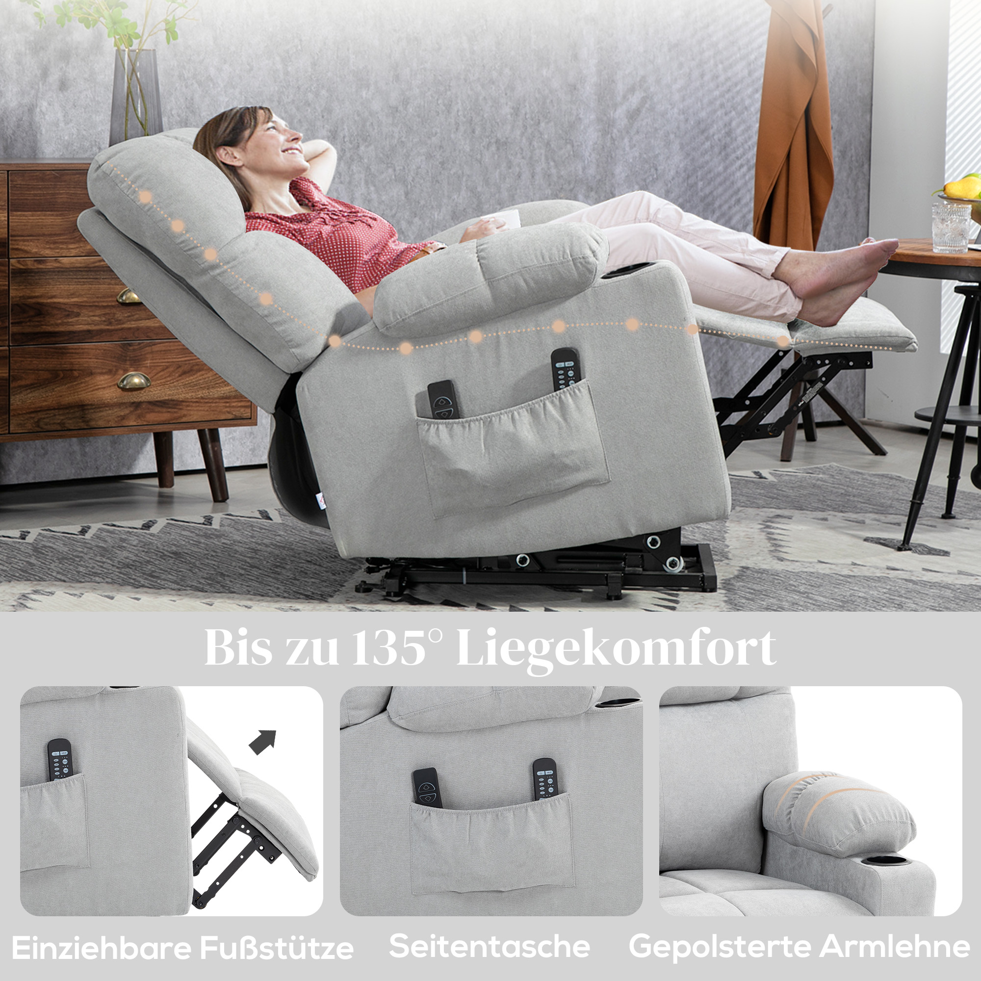 Aufstehhilfe Seniorensessel, Liegefunktion, inkl. Fernbedienung, 144 cm x 91 cm x 88 cm, Hellgrau