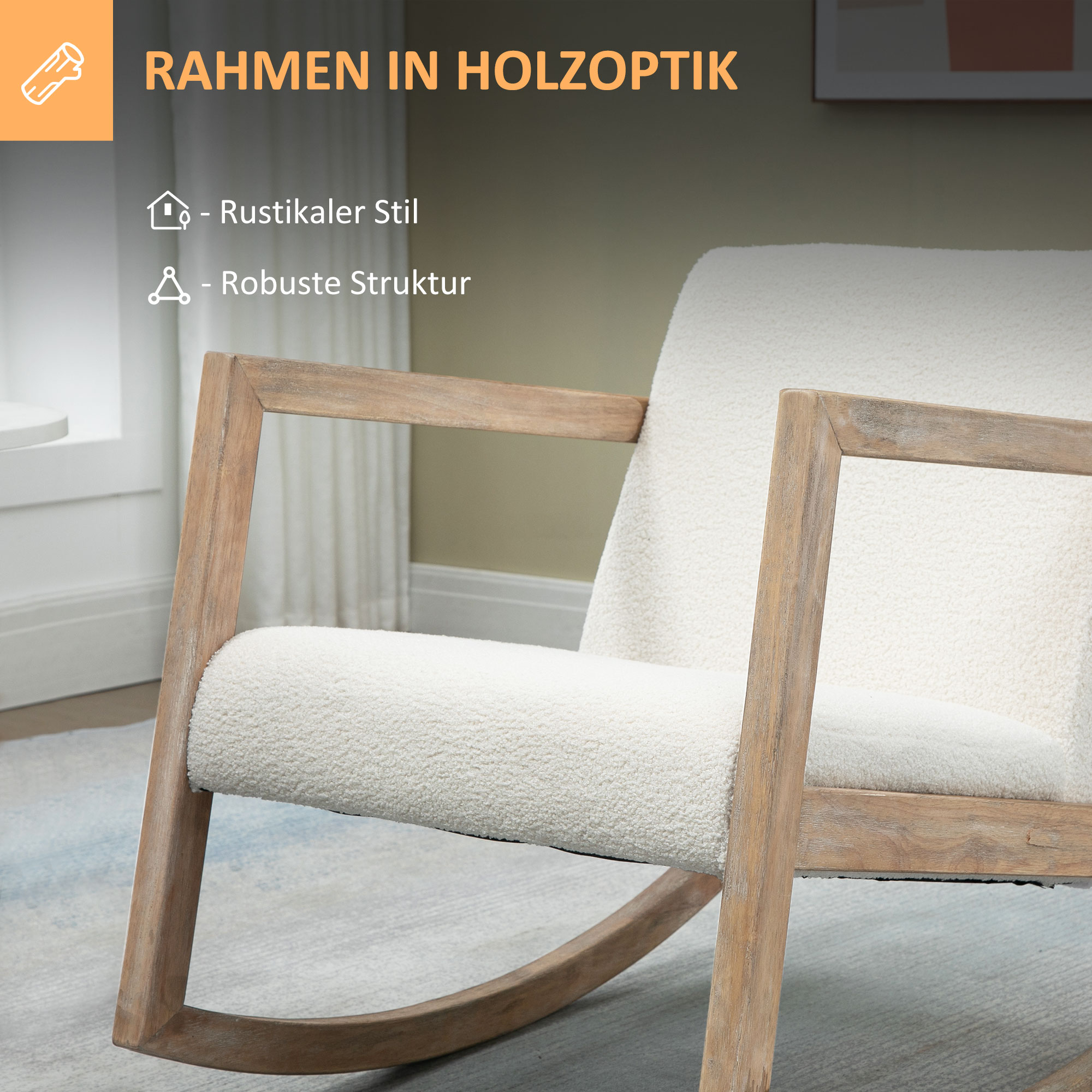 Schaukelstuhl mit Holzrahmen gepolstert Relax Stuhl Sessel Stuhl Wohnzimmersessel Lounge mit gepolsterter Sitzfläche Kautschukholz Cremeweiß 60 x 76 x 77 cm