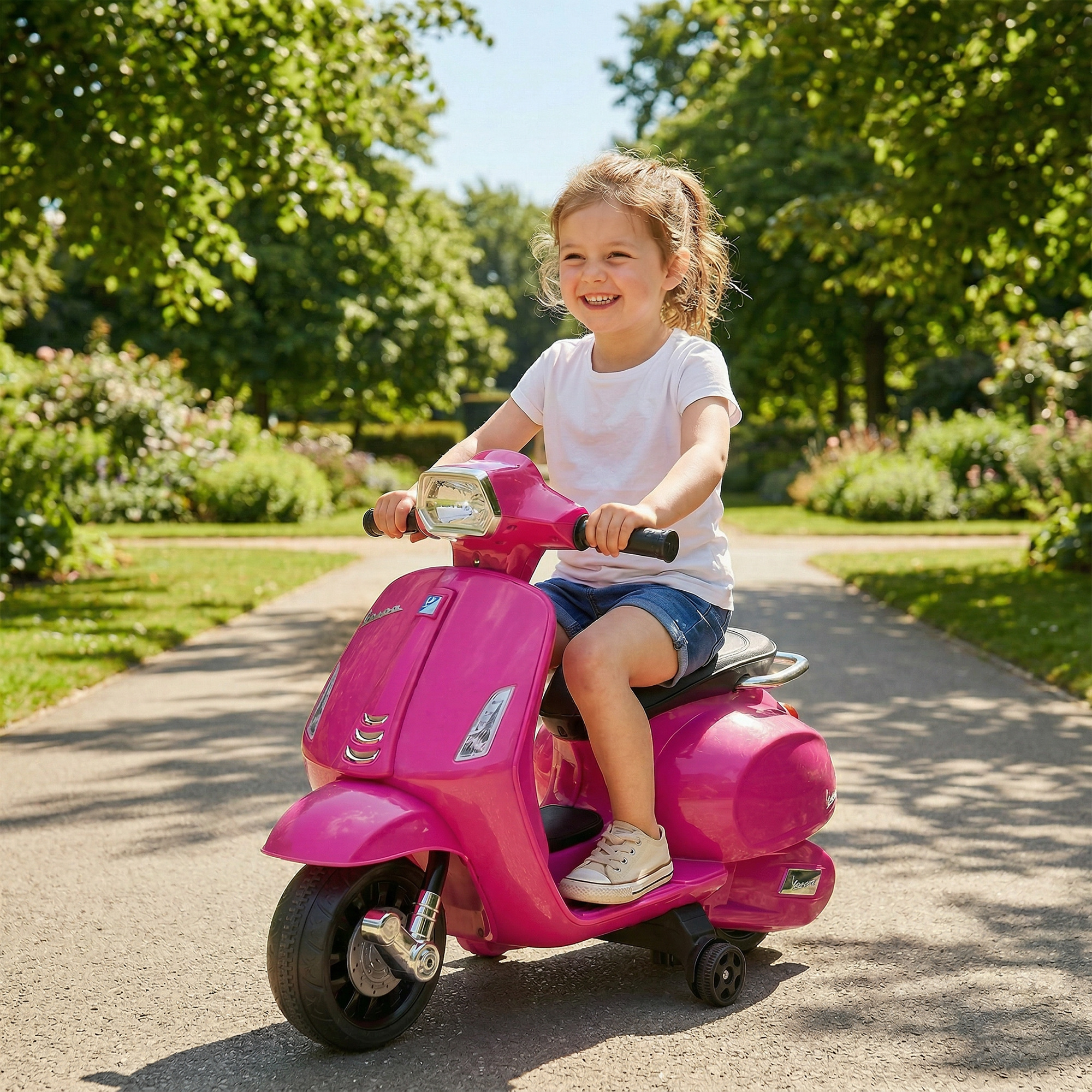 Elektro Motorrad Kinder Vespa 6V Elektromotorrad mit Stützrädern, Scheinwerfer, Hupe für 2-4 Jahre 71 x 37 x 52 cm Rosa