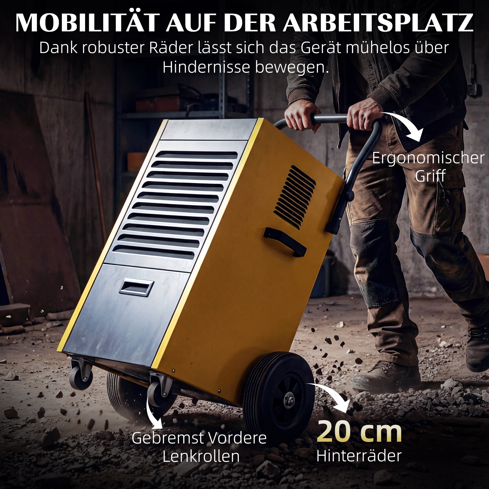 Gewerbe-Luftentfeuchter 70L/Tag mit Rädern und Griff, kontinuierlicher Ablaufschlauch, 24-Stunden-Timer, 5,5L Tank, Gelb