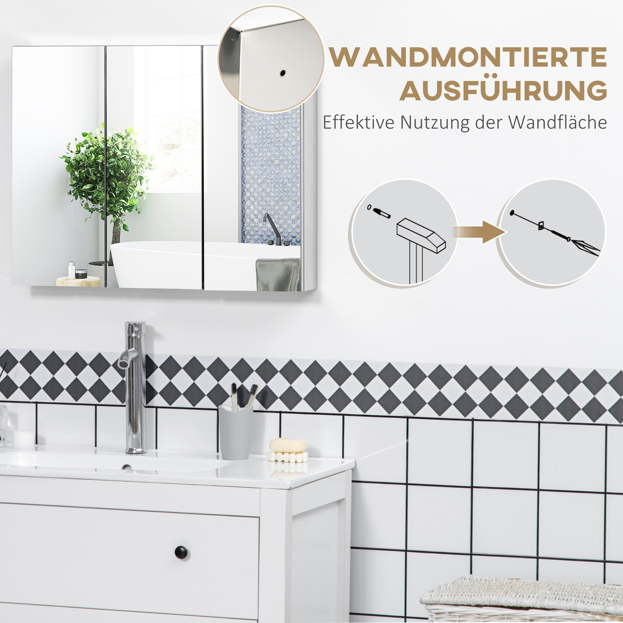 Spiegelschrank, Badschrank, 3 Spiegeltüren, 5 Innenböden, Edelstahl, Farbe: Silber, 70 x 12 x 55 cm