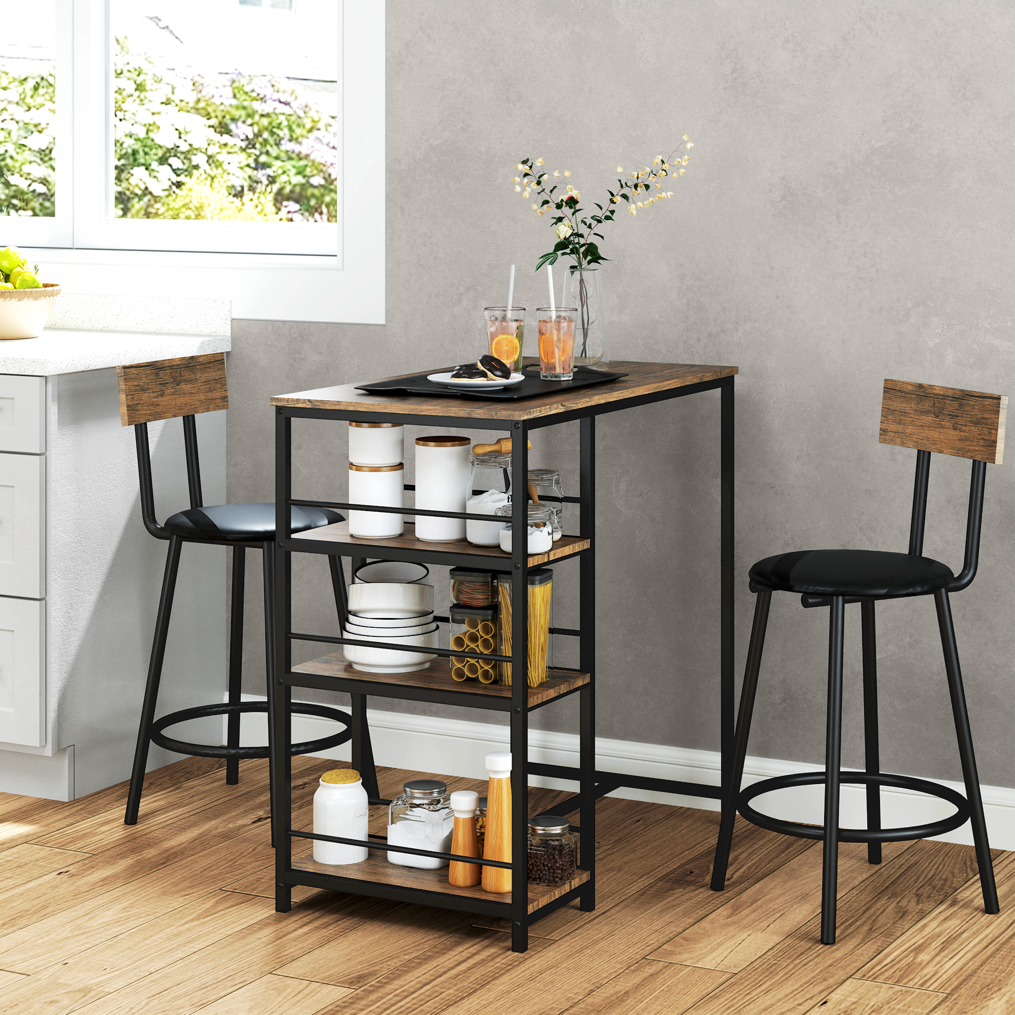 3-teiliges Ess-Set mit Bartisch und 2 Stühlen, Kleines Küchenset mit seitlichen Regalen, MDF, Metall, Schwarz