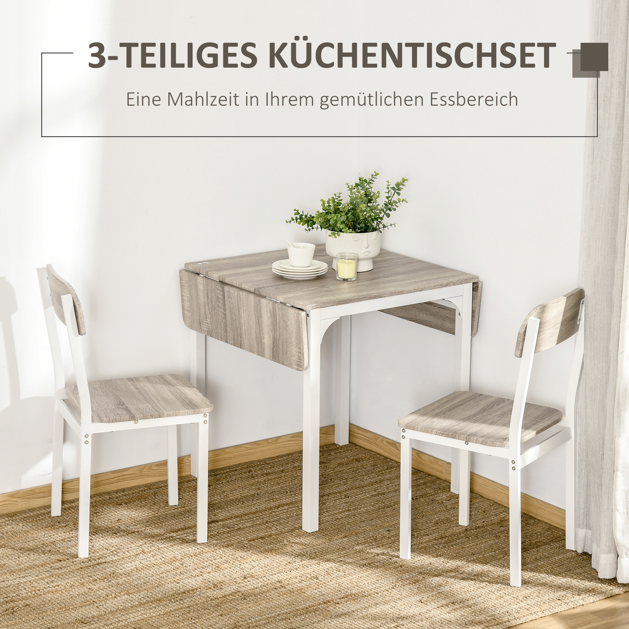 2-teilige Sitzgruppe, Klappbarer Esstisch mit 2 Stühlen, Klapptisch, 110 cm x 70 cm x 75 cm, Weiß + Natur