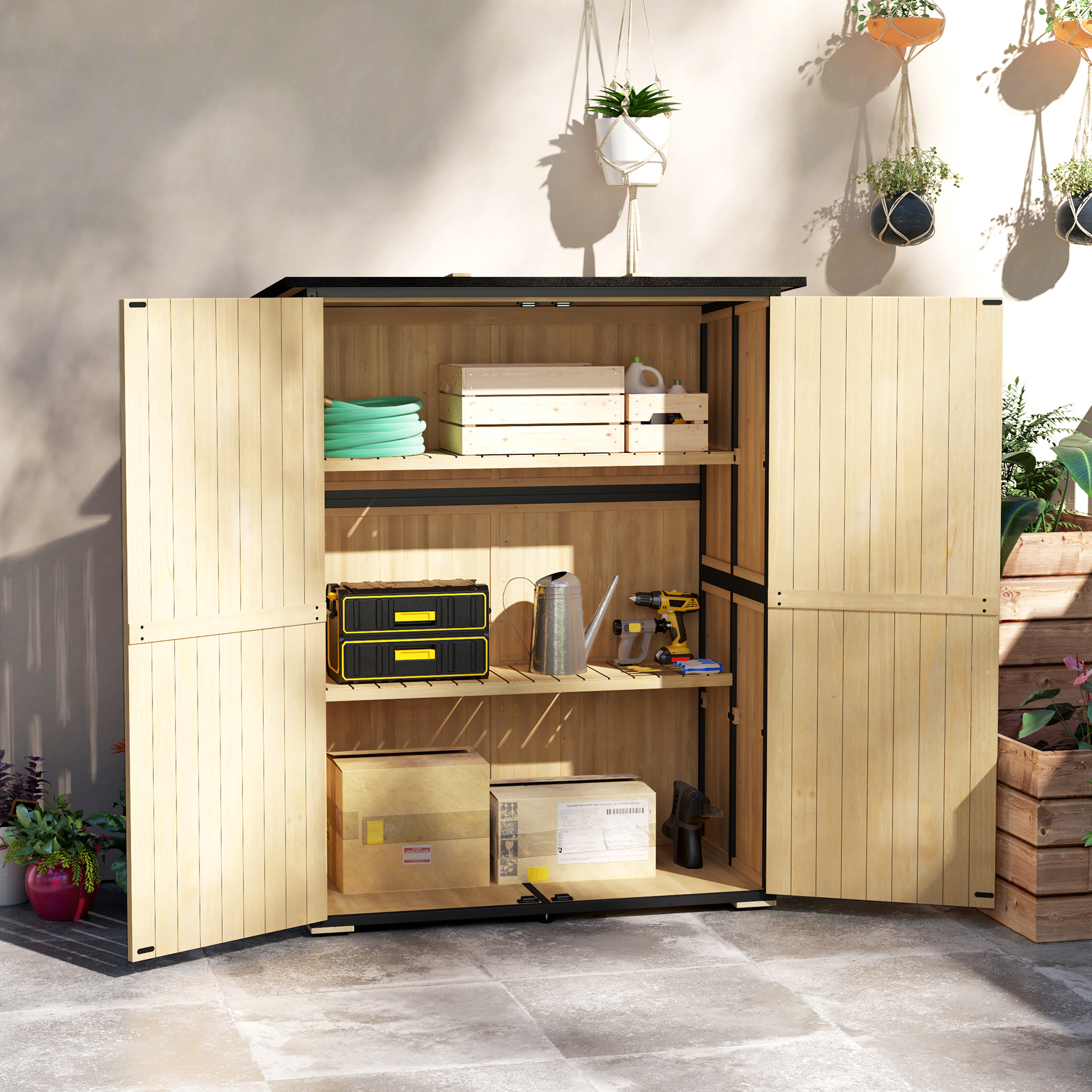 Gartenschrank aus Holz und Stahl, Outdoor-Werkzeugschrank mit Asphalt-Dach, 2 Regale, verschließbare Türen, Naturholz