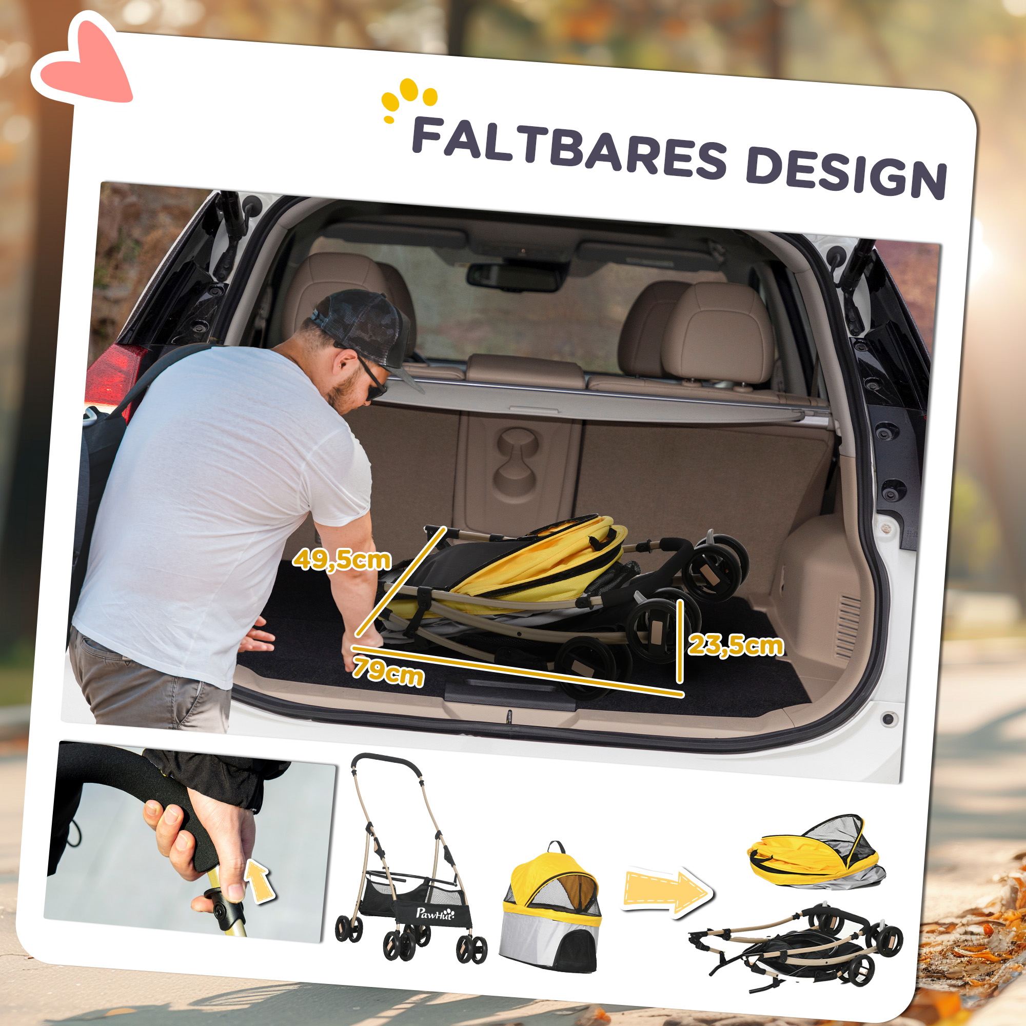 2-in-1 Hundebuggy Hundetrolley bis 10 kg klappbar Tragtasche Bodenkorb  82 cm x 49,5 cm x 98 cm Gelb