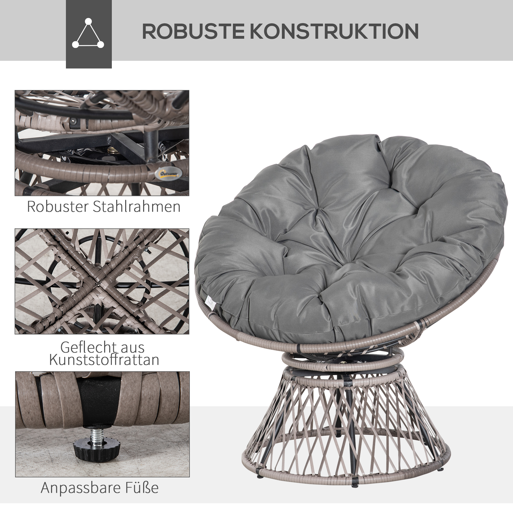Papasansessel Korbsessel Sessel mit Polster 360 Grad Rattan Grau B87 x T97 x H86 cm