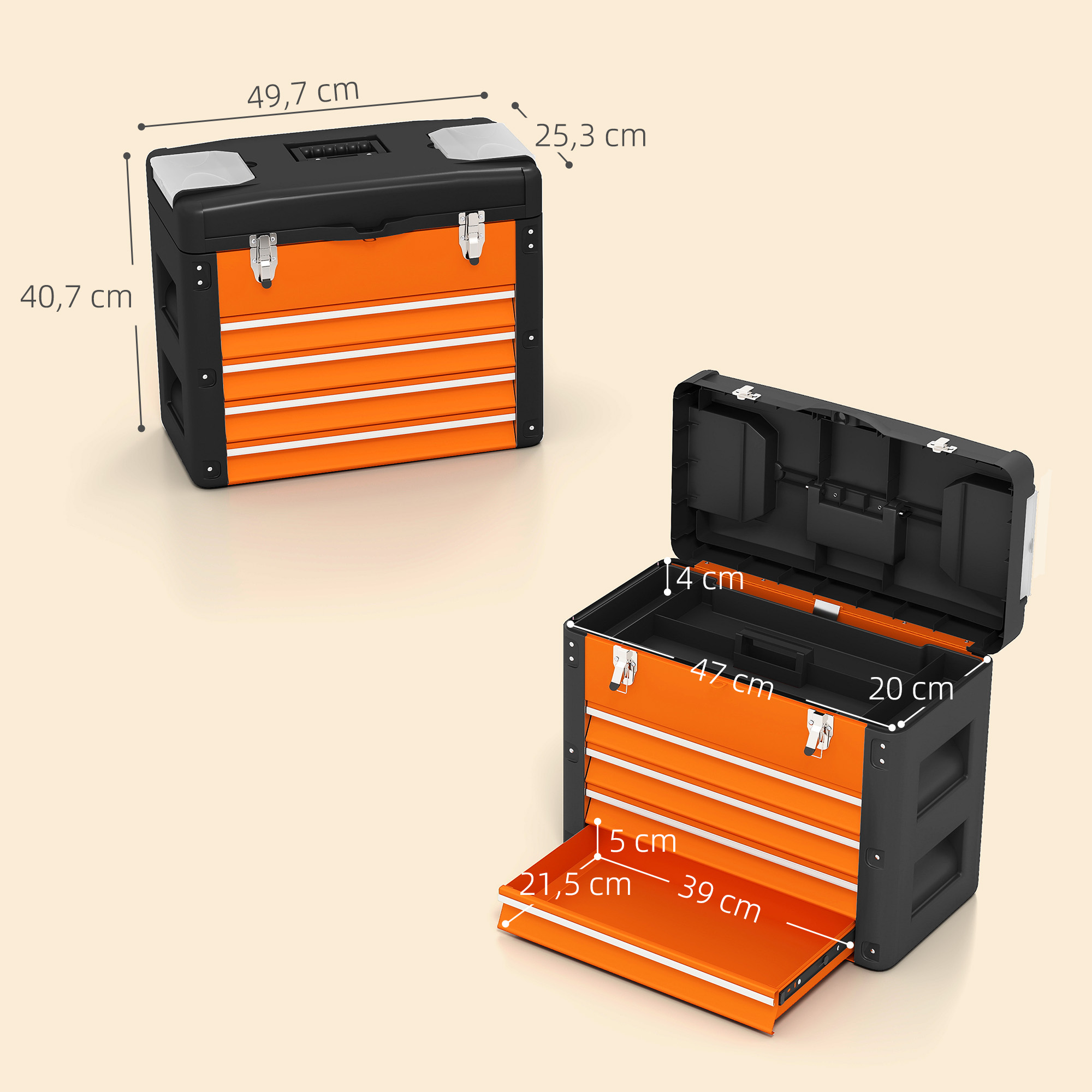 Werkzeugkiste leer, 49,7 x 25,3 x 40,7 cm Werkzeugkasten mit 4 Schubladen, Mini-Box Stahl Orange