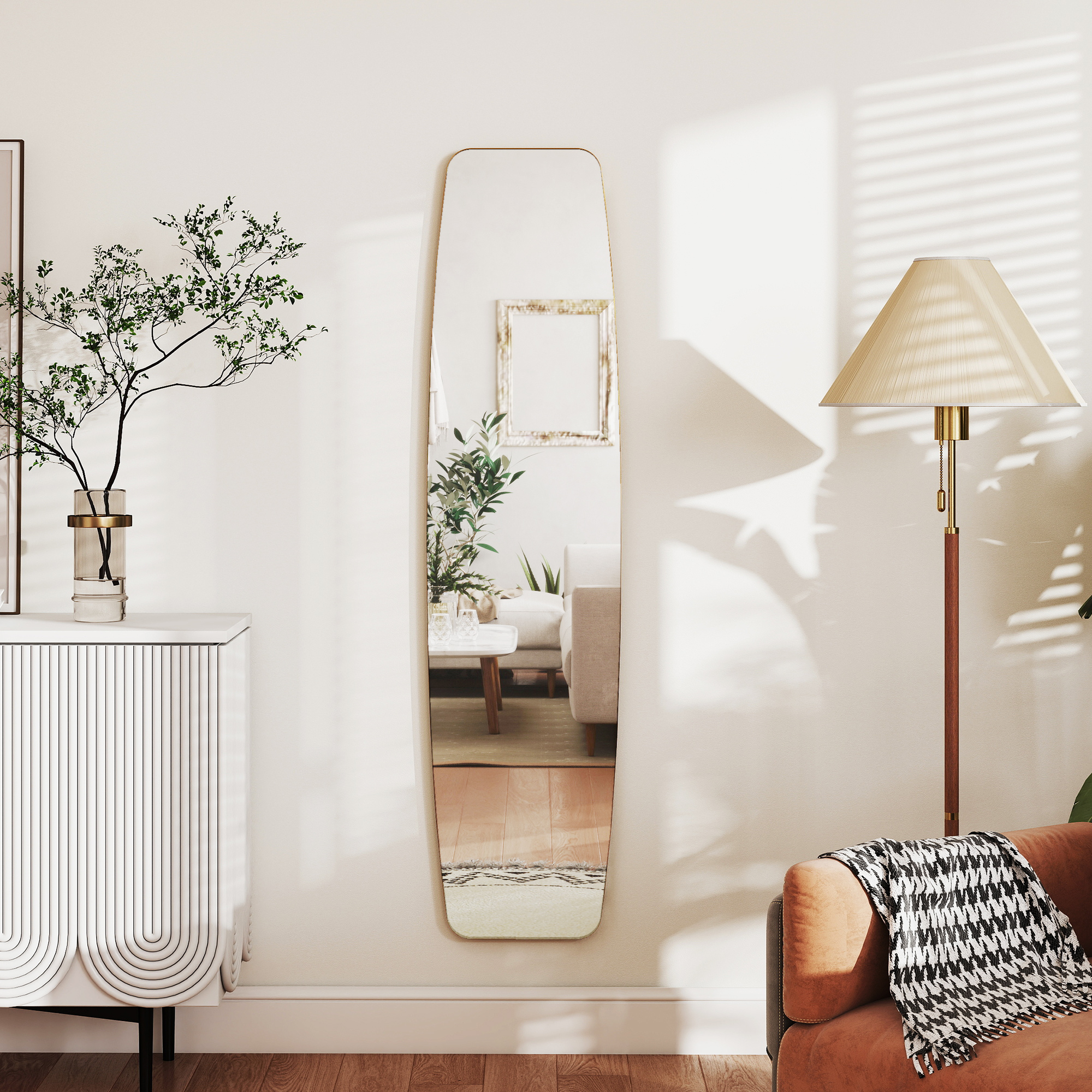 Wandspiegel Fenster Spiegel mit Metallrahmen Dekorativer Hängespiegel Flurspiegel, 160 x 40 x 3 cm, Gold