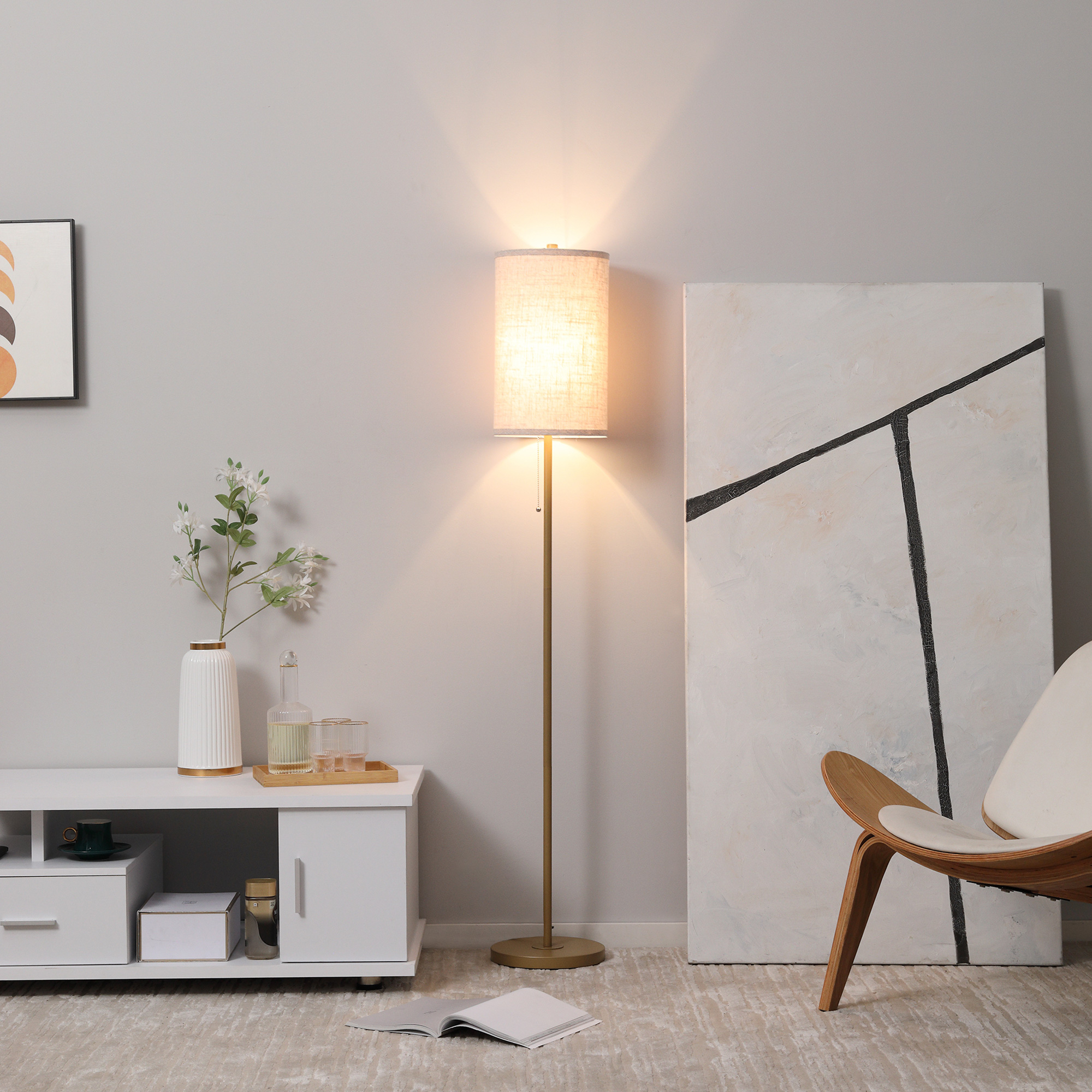 Stehlampe, Elegante Stehleuchte aus Stahl mit Stoffschirm, Wohnzimmerlampe, Zugkettenschalter, Gold+Weiß