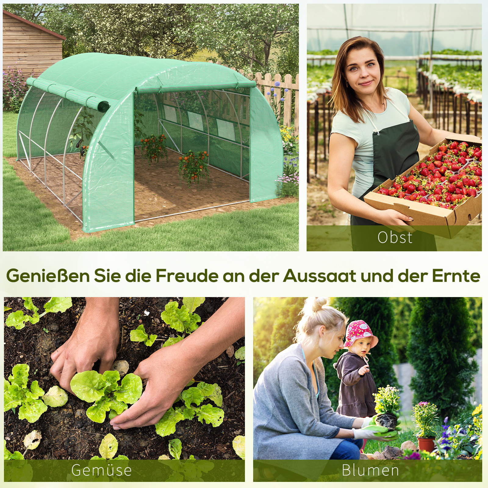 Foliengewächshaus, Treibhaus, begehbar, Netzfenster, Metallrahmen, 4x3x2m, Grün