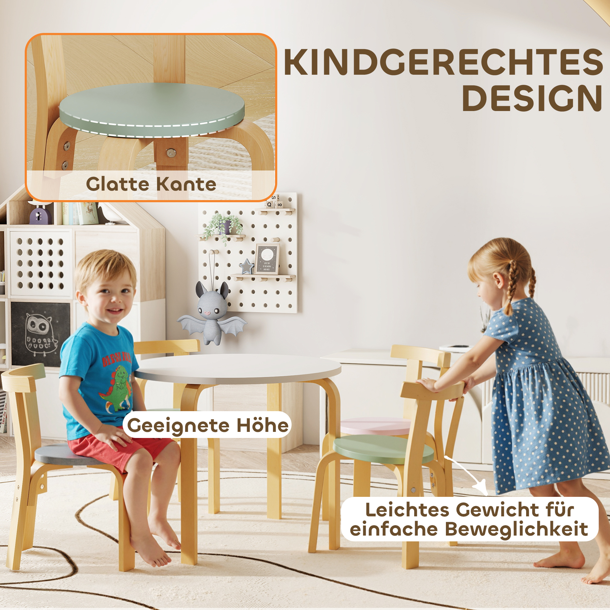 5-teiliges Kindertisch- und Stuhlset, leichtes Massivholz, Bunt