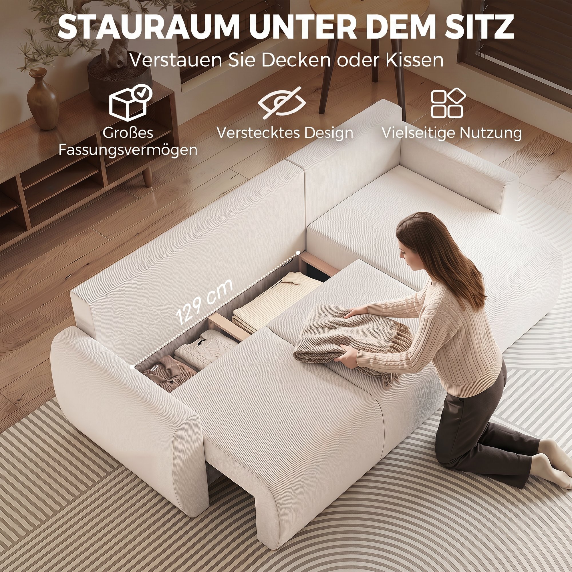 Schlafsofa mit Umkehrbarer Chaiselongue, L-förmiges 3-Sitzer Sofa aus Veloursbezug, Cremeweiß